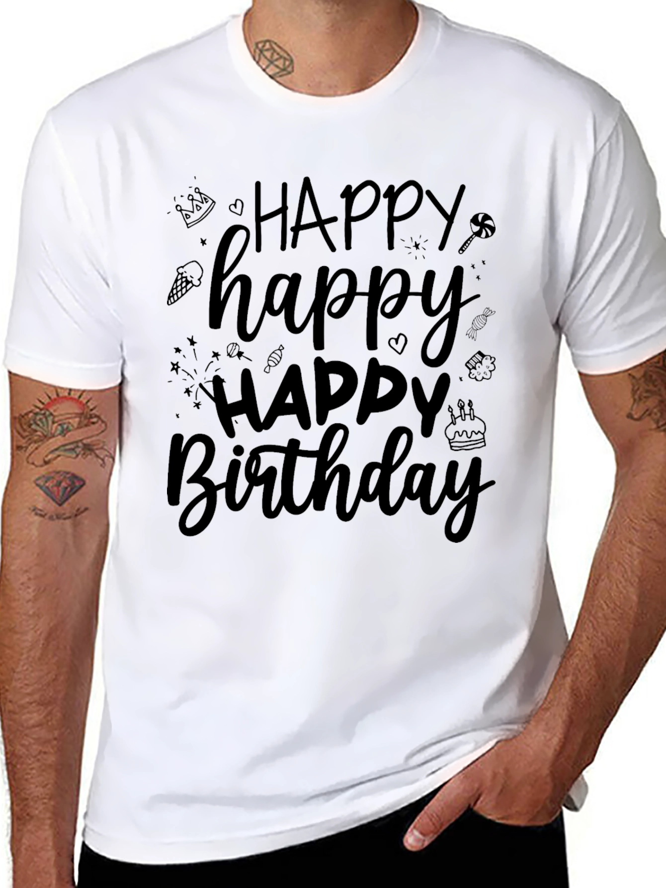 Happy Birthday T-Shirt - Black Crew Neck