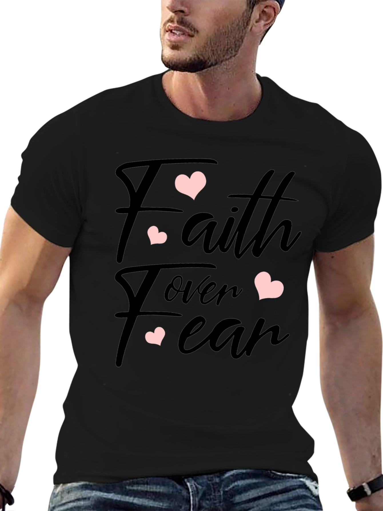 Faith Over Fear Heart Print Black T-Shirt