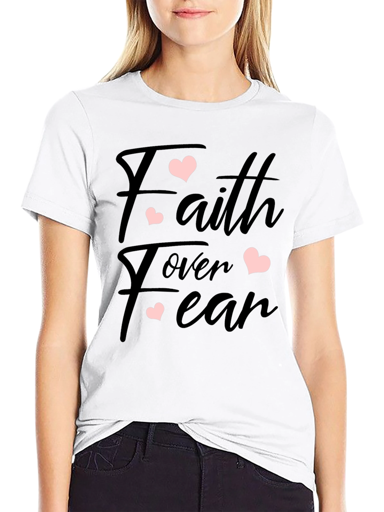 Faith Over Fear Heart Print Black T-Shirt
