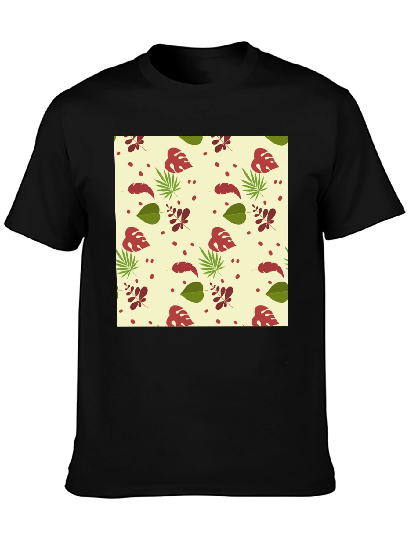 Tropical Leaves Pattern Black T-Shirt