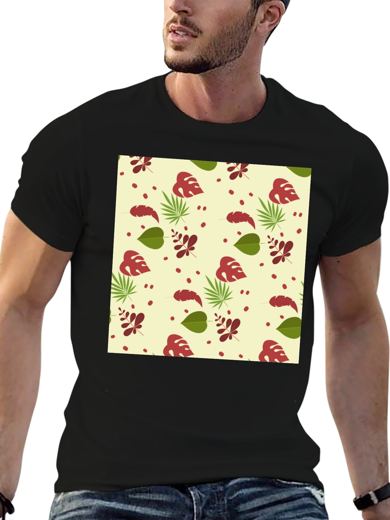 Tropical Leaves Pattern Black T-Shirt