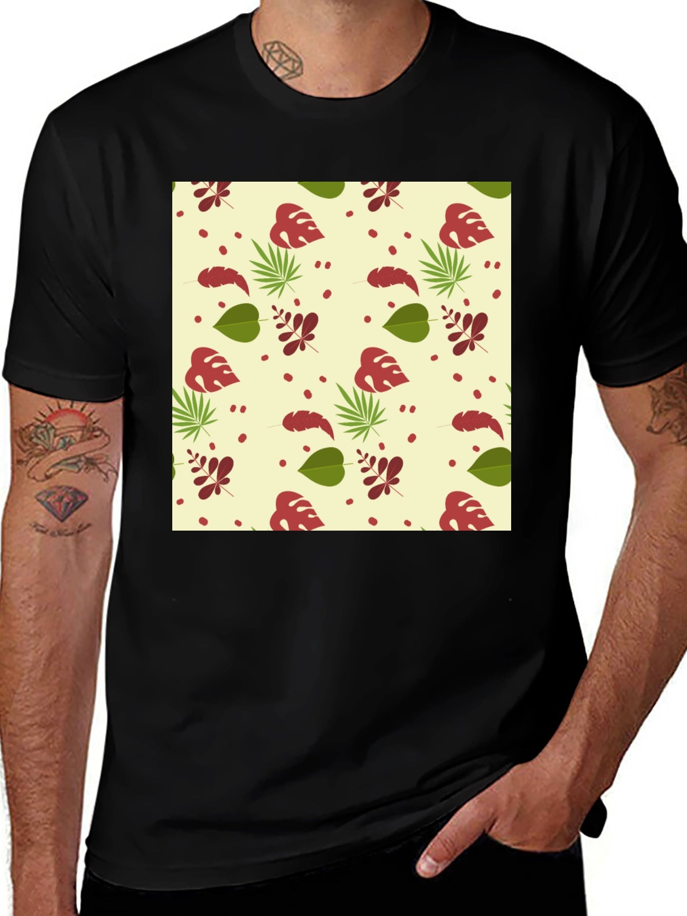 Tropical Leaves Pattern Black T-Shirt
