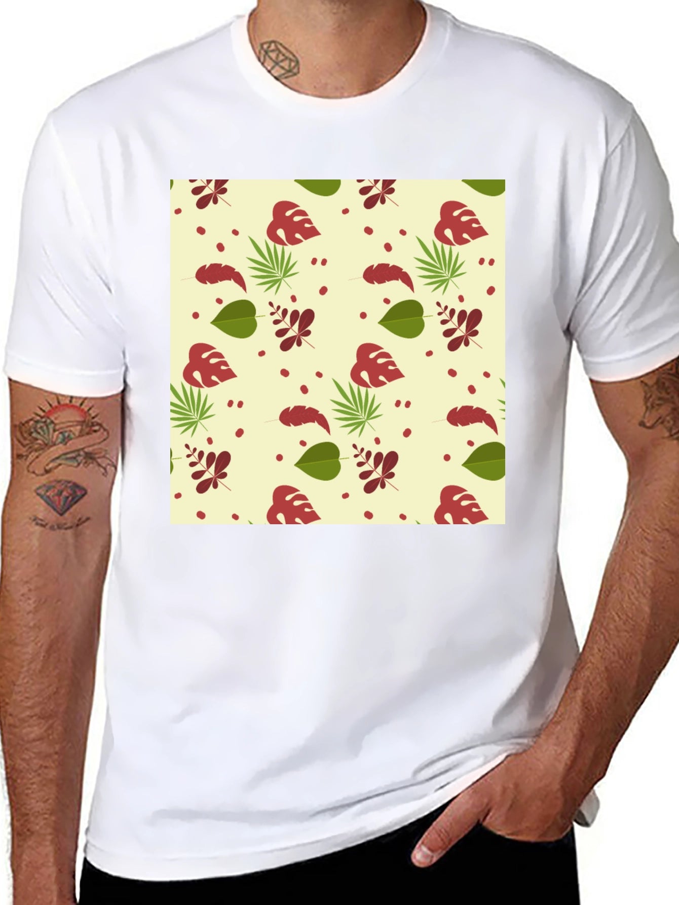 Tropical Leaves Pattern Black T-Shirt