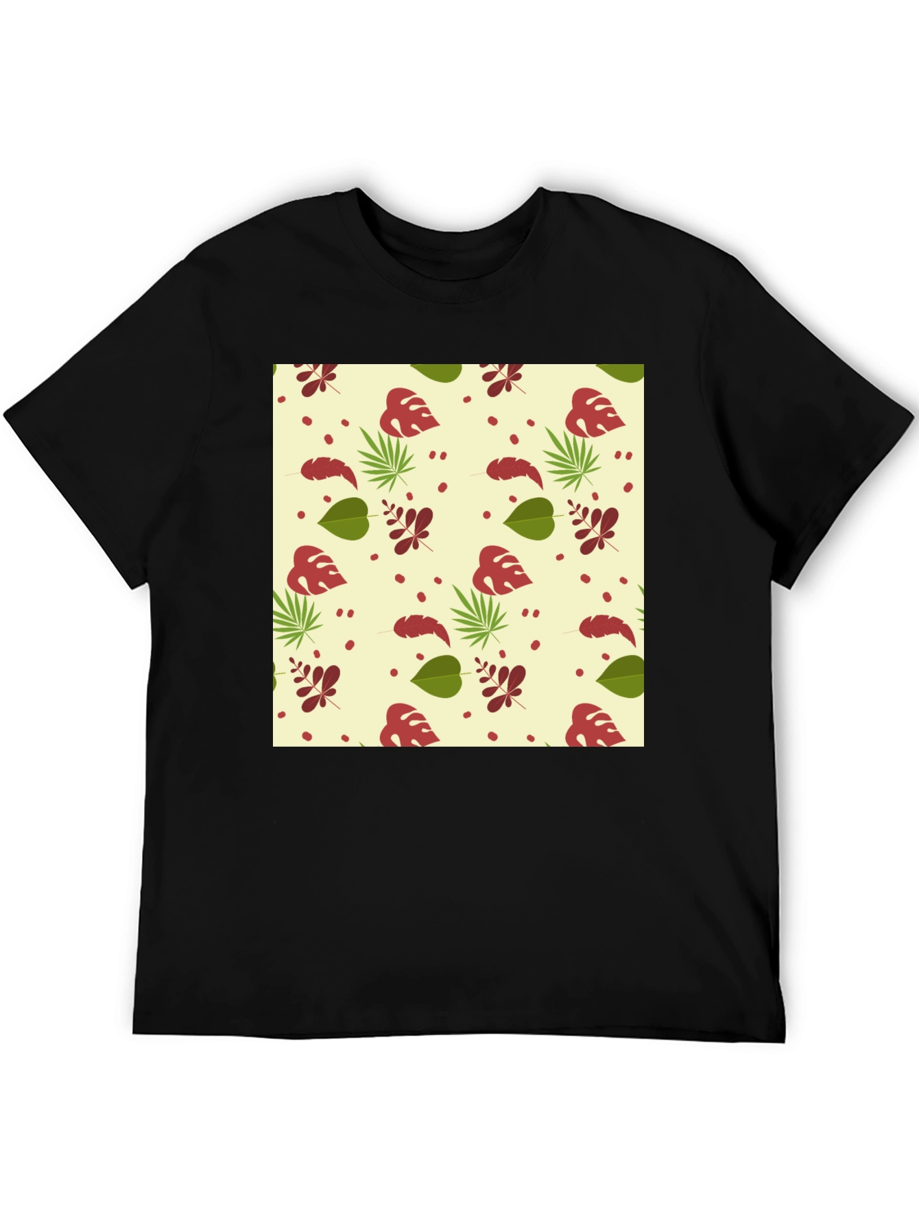 Tropical Leaves Pattern Black T-Shirt