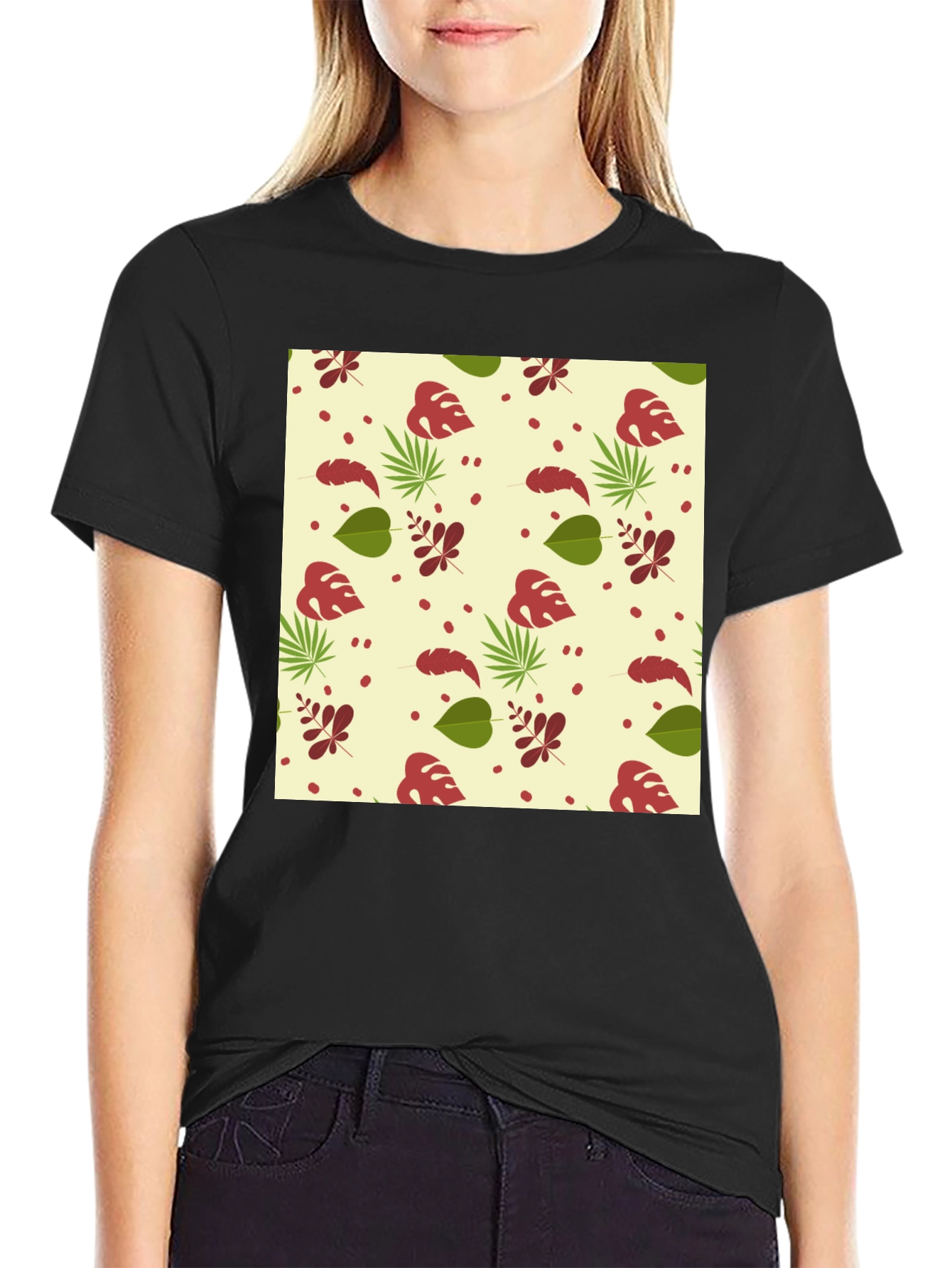 Tropical Leaves Pattern Black T-Shirt