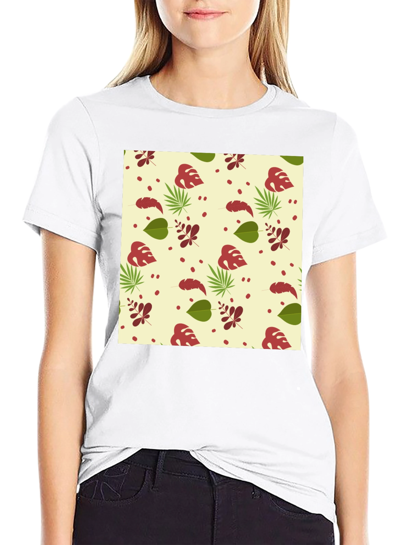 Tropical Leaves Pattern Black T-Shirt