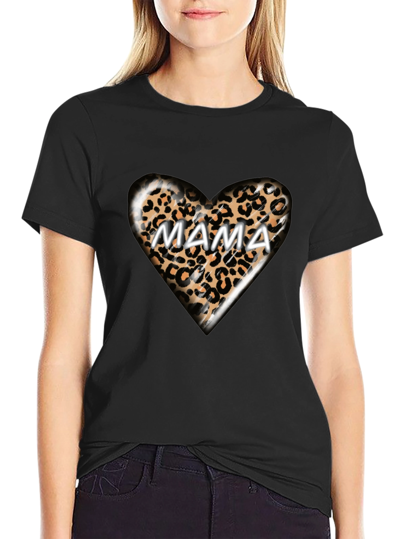 Mama Leopard Heart Graphic T-Shirt - Trendy Womens Tee