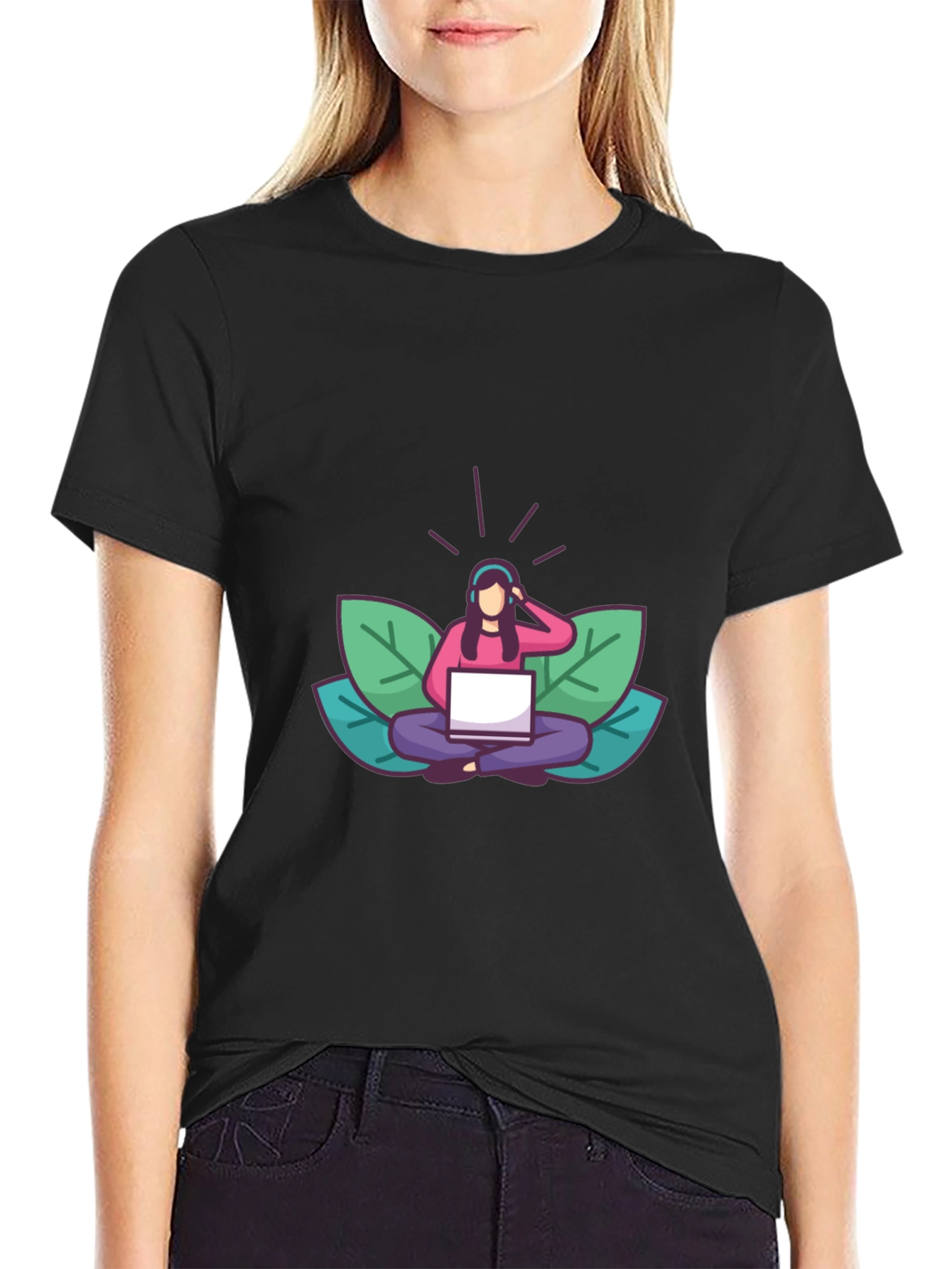 Black T-shirt with Meditating Woman Graphic