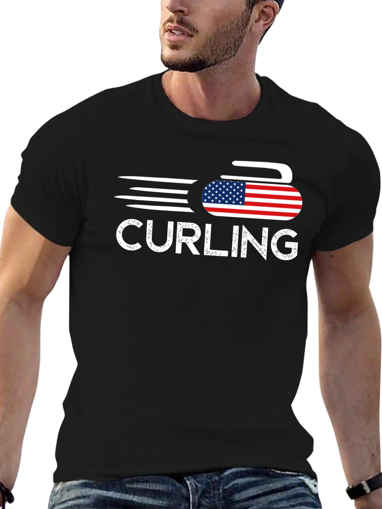 Curling USA Flag T-Shirt Patriotic Sport Tee
