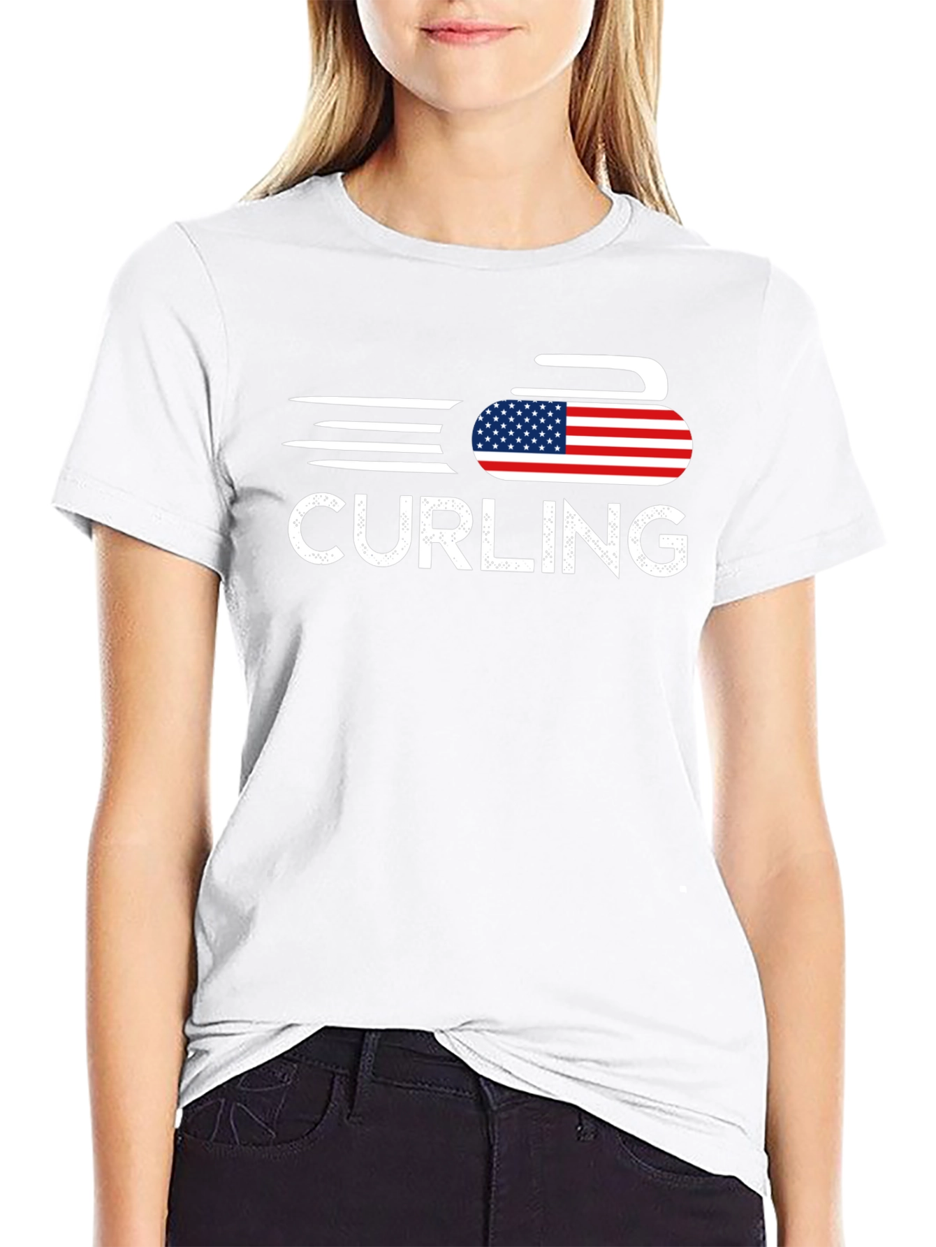 Curling USA Flag T-Shirt Patriotic Sport Tee