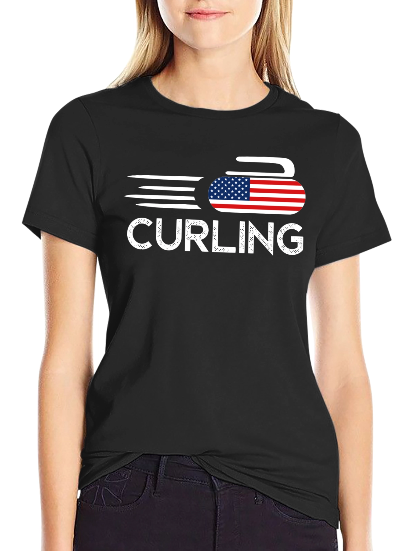 Curling USA Flag T-Shirt Patriotic Sport Tee