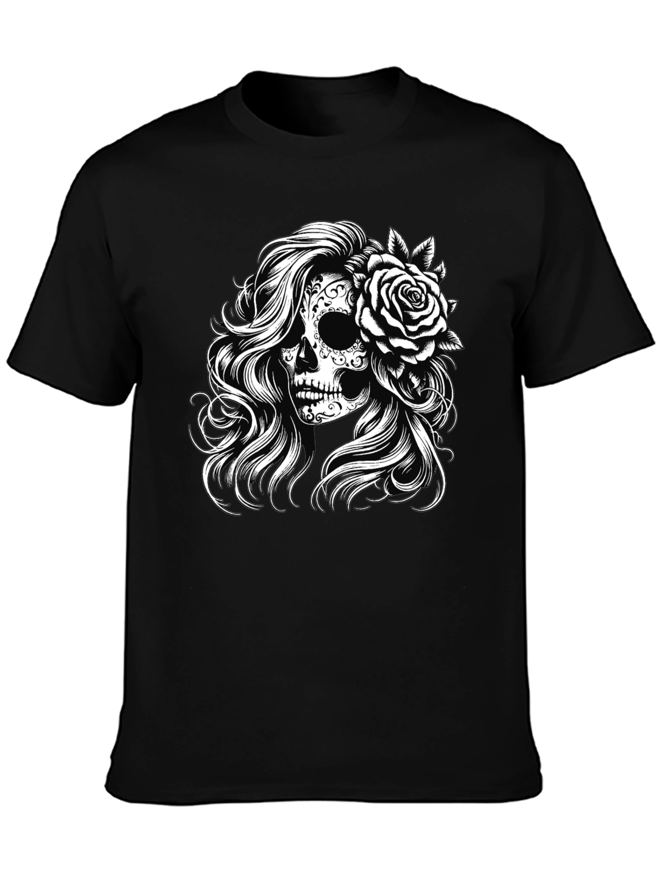 Sugar Skull Rose Graphic Tee - Black