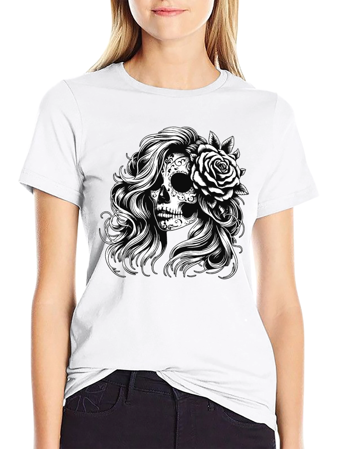 Sugar Skull Rose Graphic Tee - Black