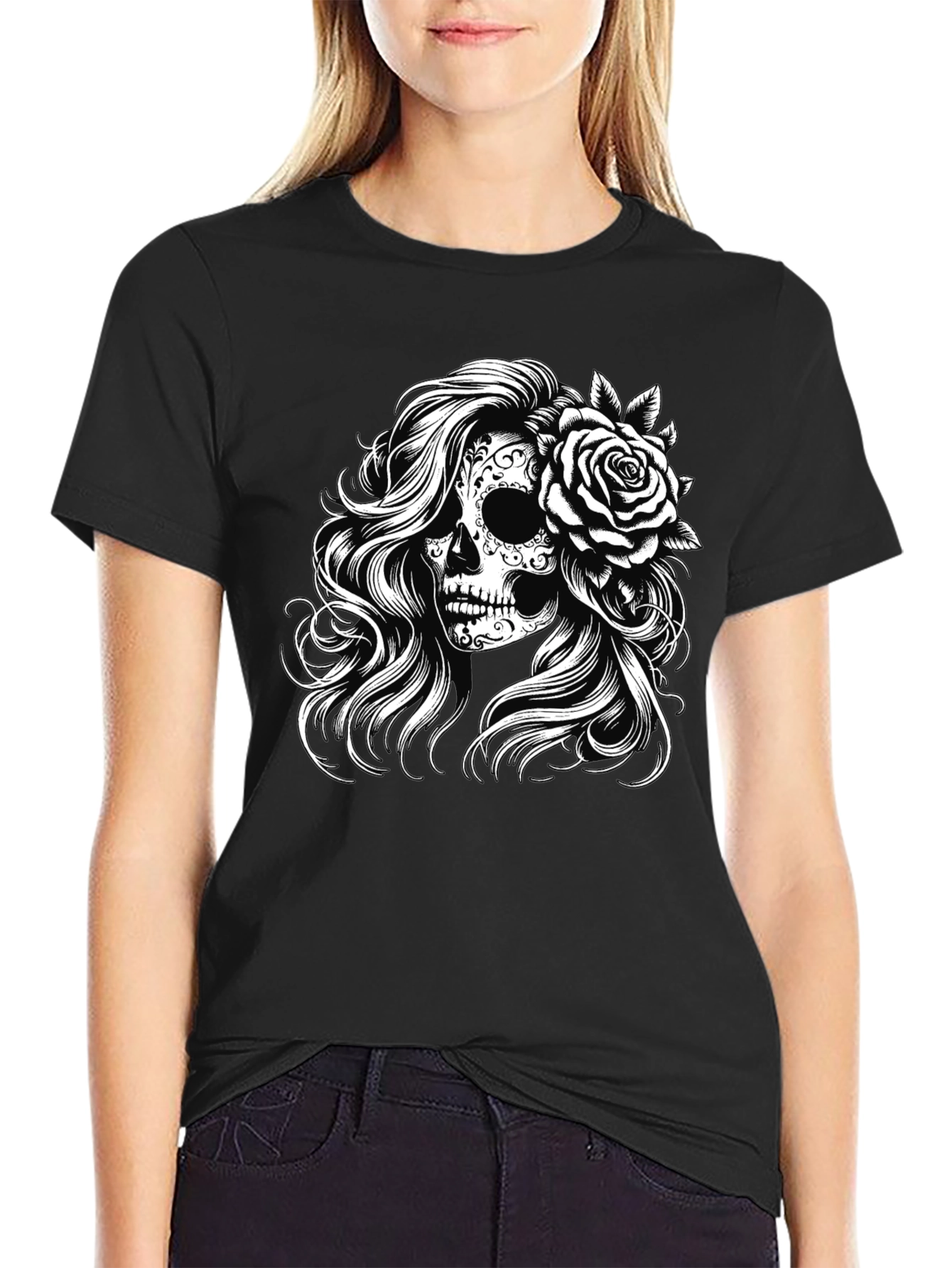 Sugar Skull Rose Graphic Tee - Black