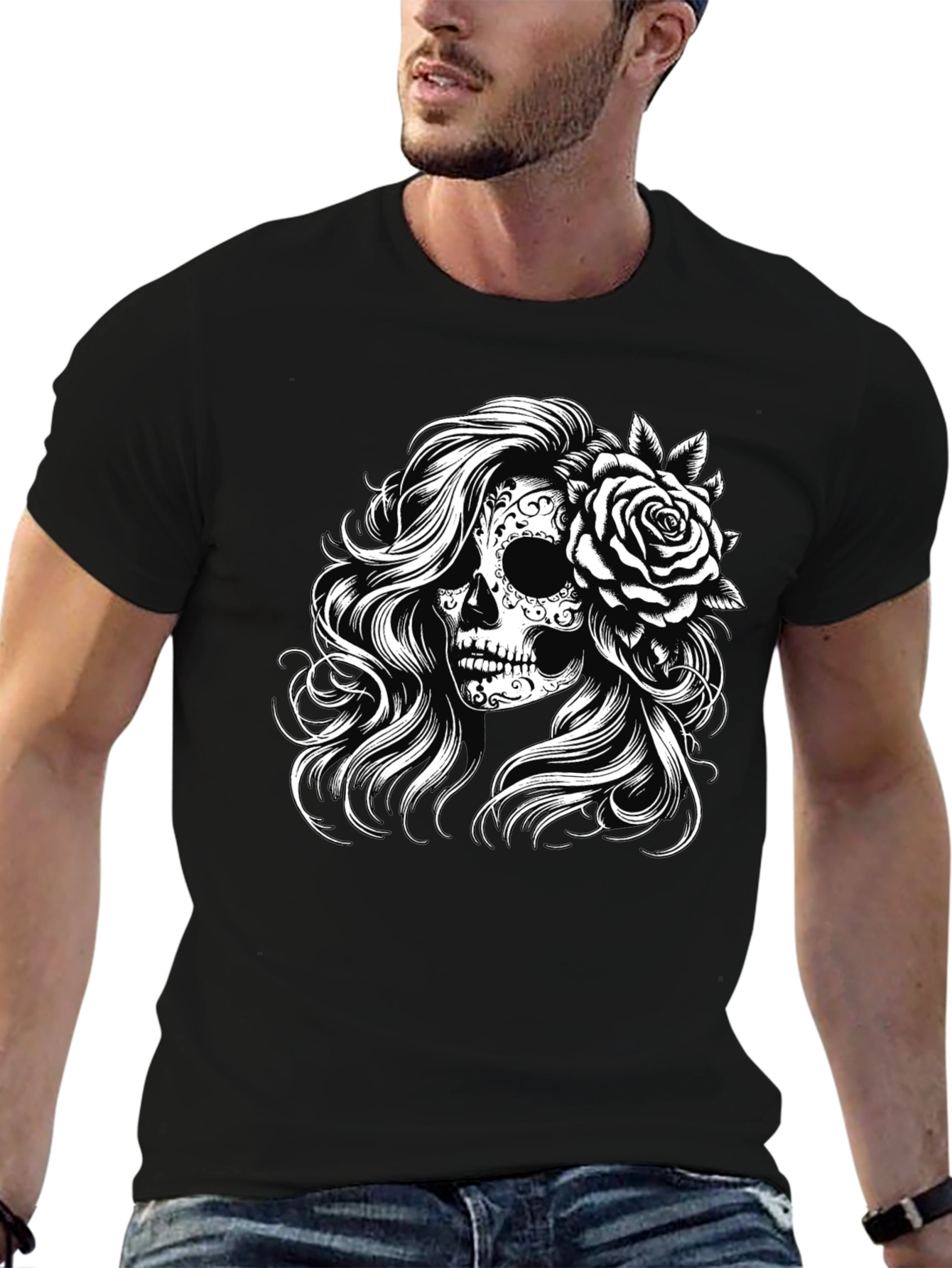 Sugar Skull Rose Graphic Tee - Black