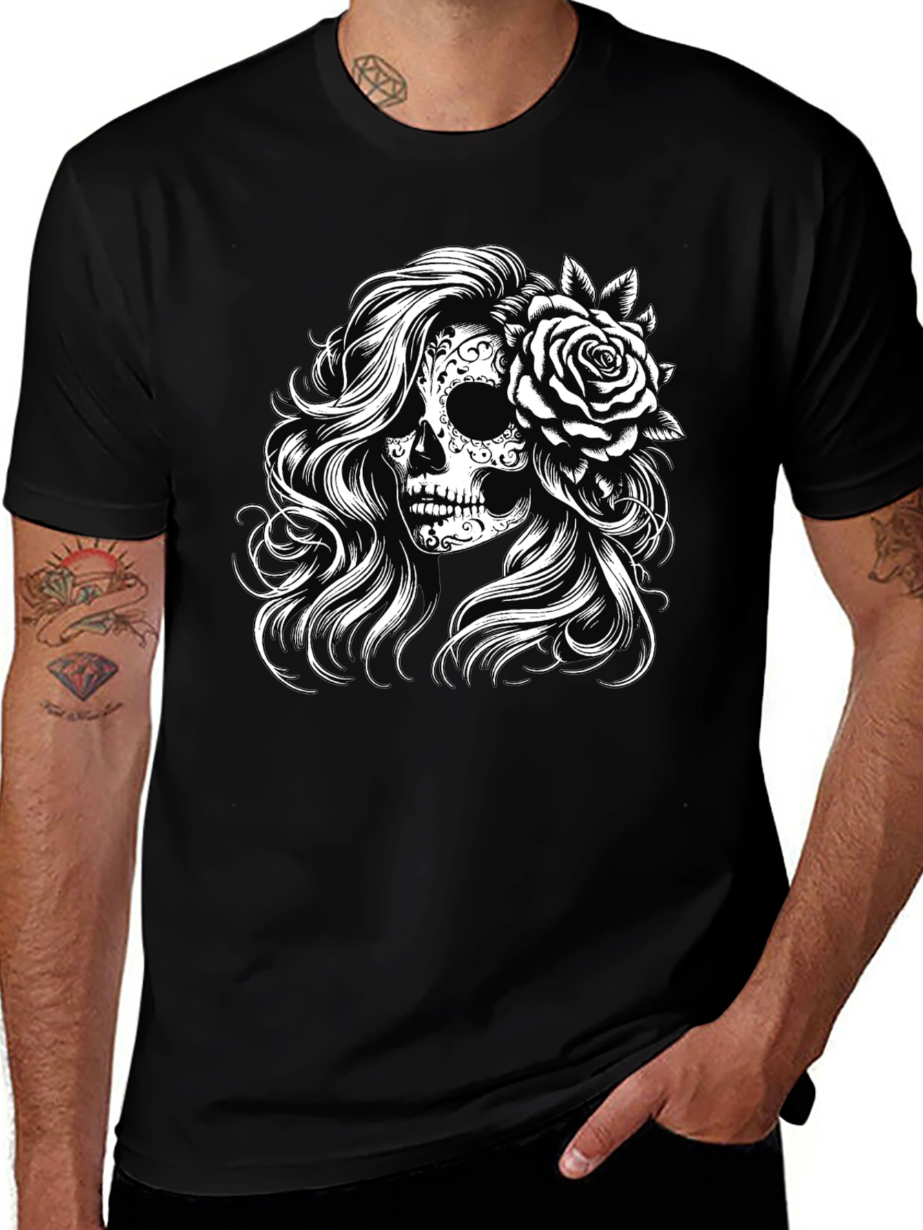 Sugar Skull Rose Graphic Tee - Black
