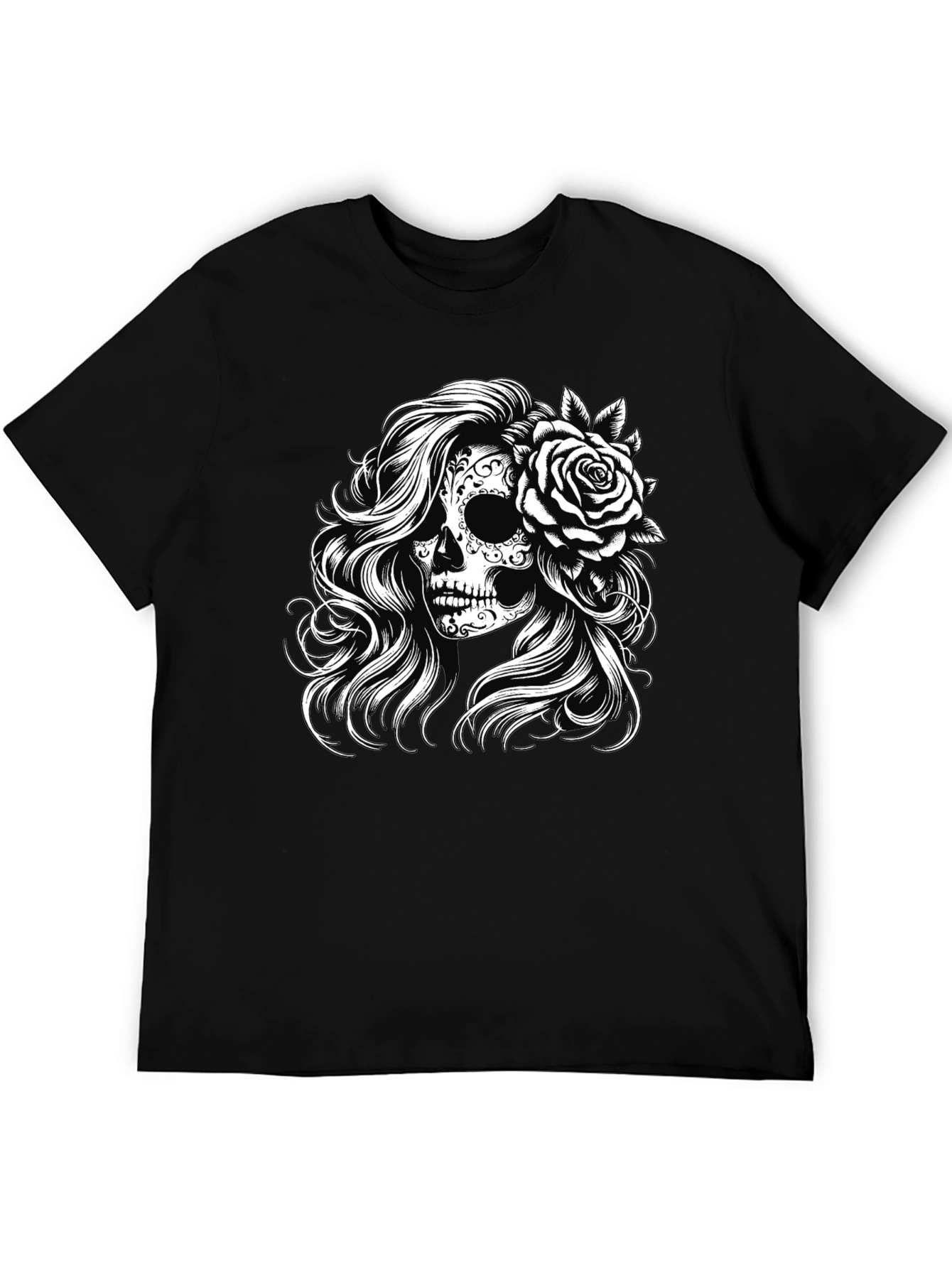 Sugar Skull Rose Graphic Tee - Black