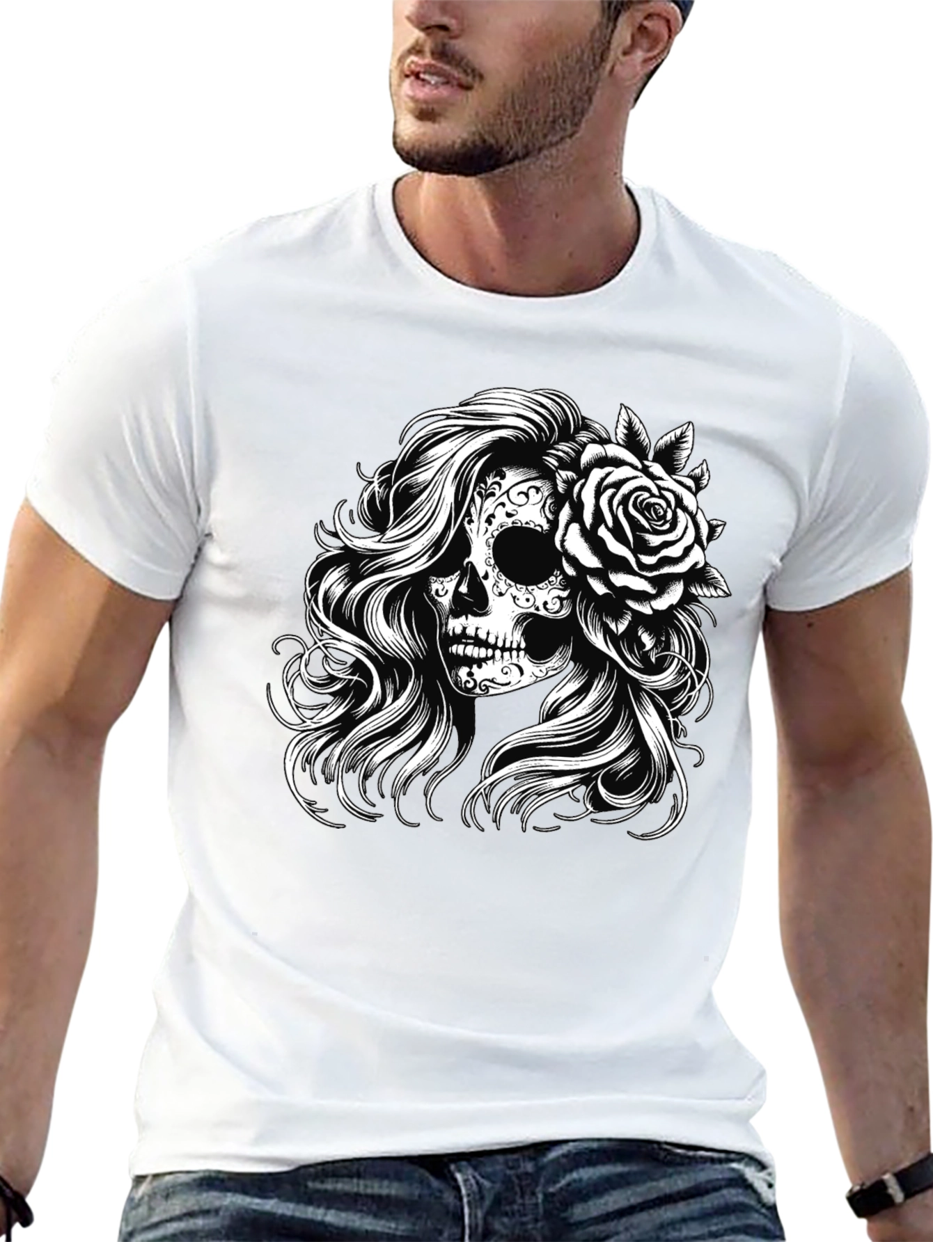 Sugar Skull Rose Graphic Tee - Black