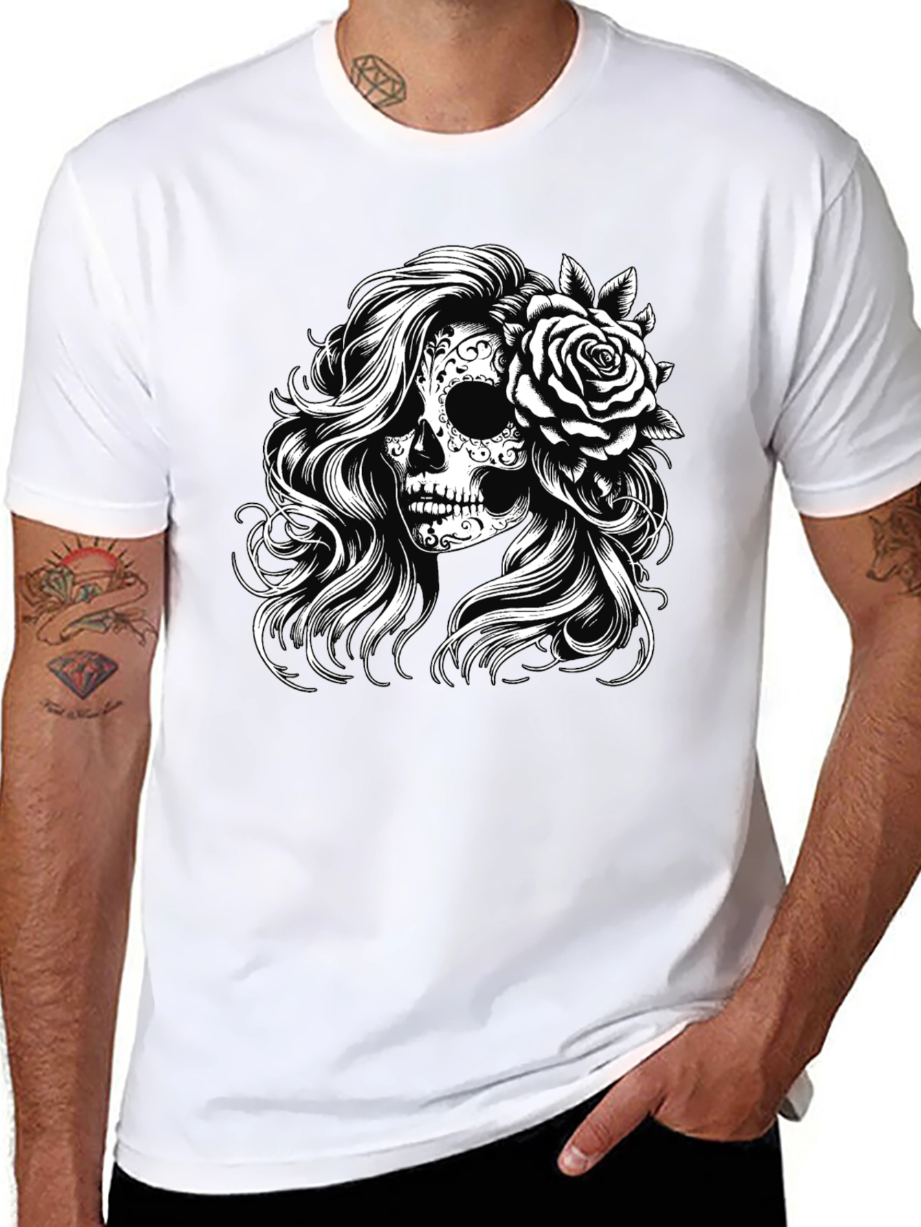 Sugar Skull Rose Graphic Tee - Black