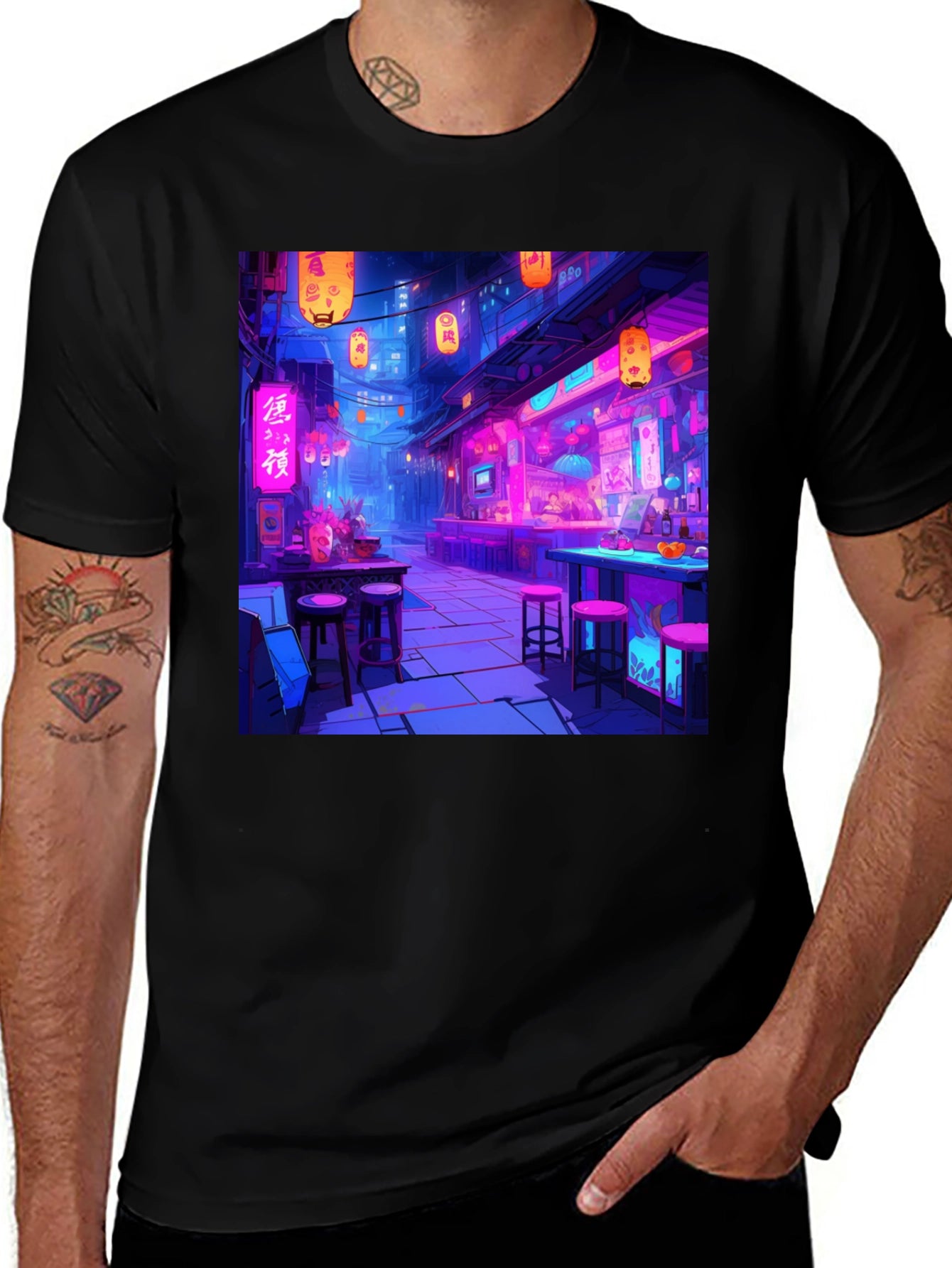 Neon Cityscape Graphic Tee - Black