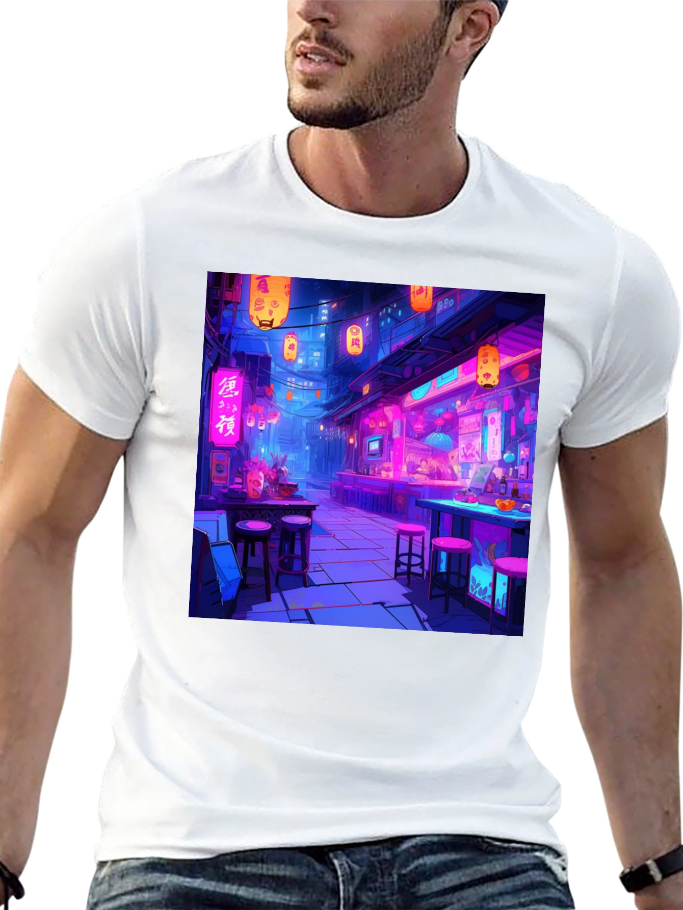 Neon Cityscape Graphic Tee - Black