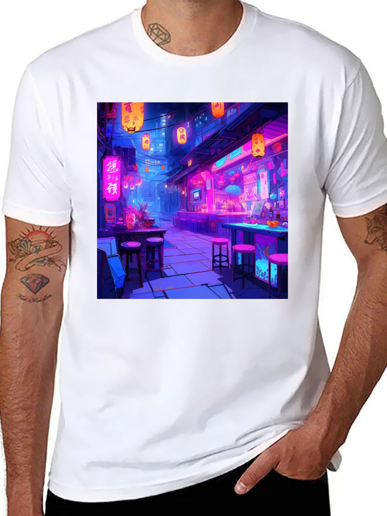 Neon Cityscape Graphic Tee - Black