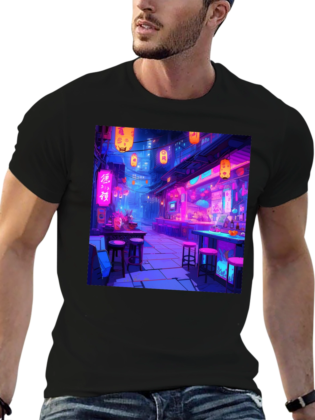 Neon Cityscape Graphic Tee - Black