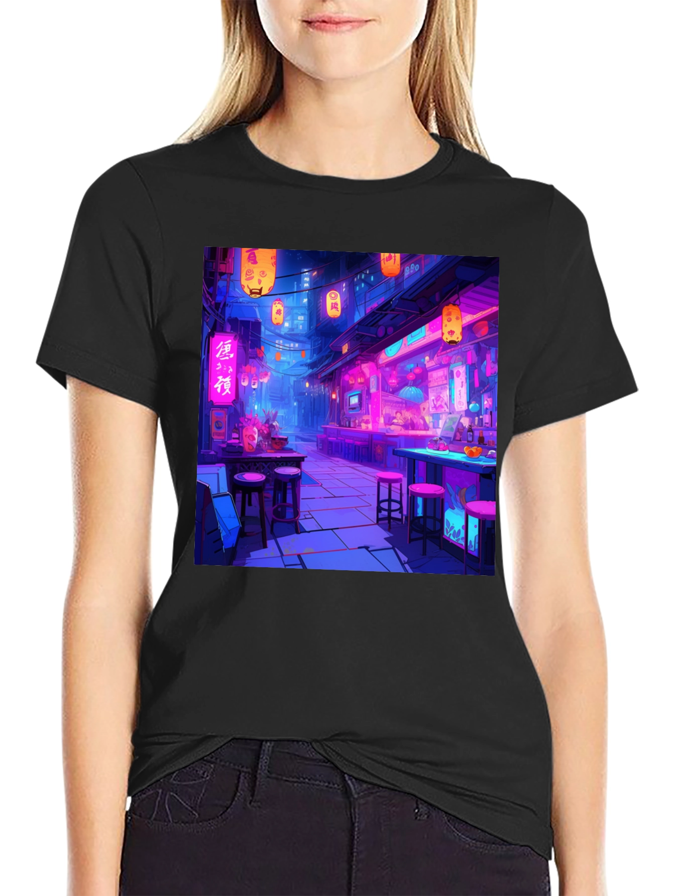 Neon Cityscape Graphic Tee - Black