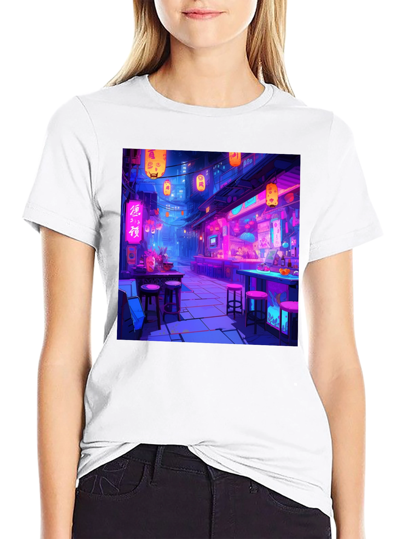 Neon Cityscape Graphic Tee - Black