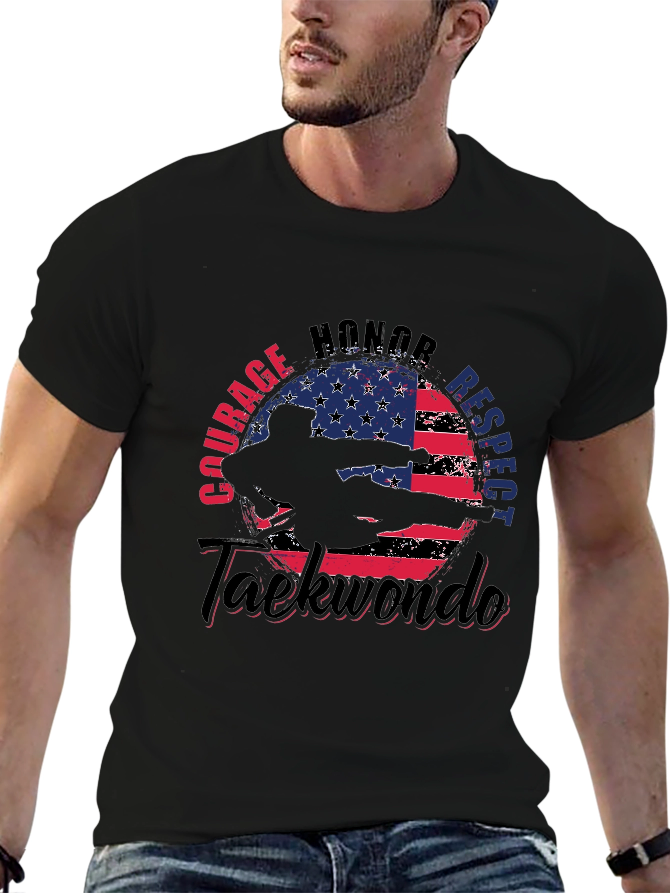 Taekwondo USA Flag T-Shirt - Courage Honor Respect