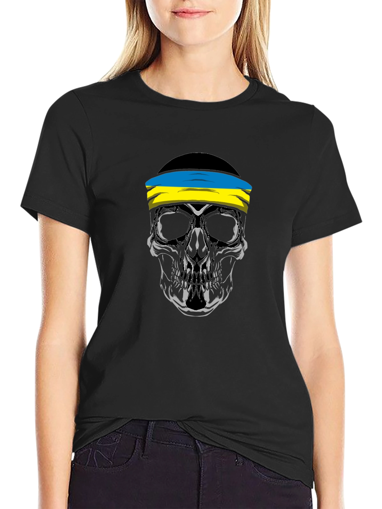 Skull Ukraine Flag Bandana Black T-Shirt