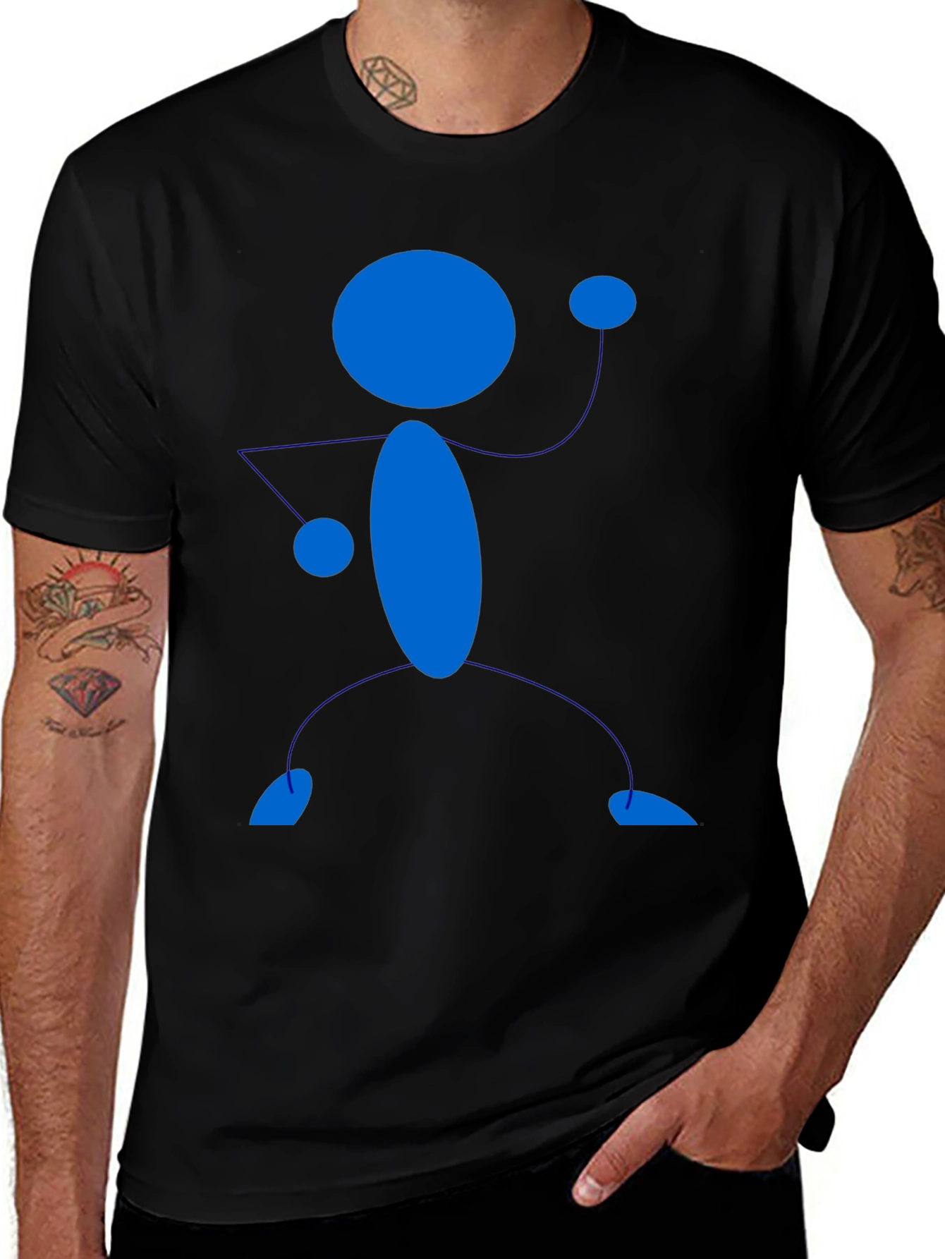 Black T-Shirt with Blue Stick Figure Design
