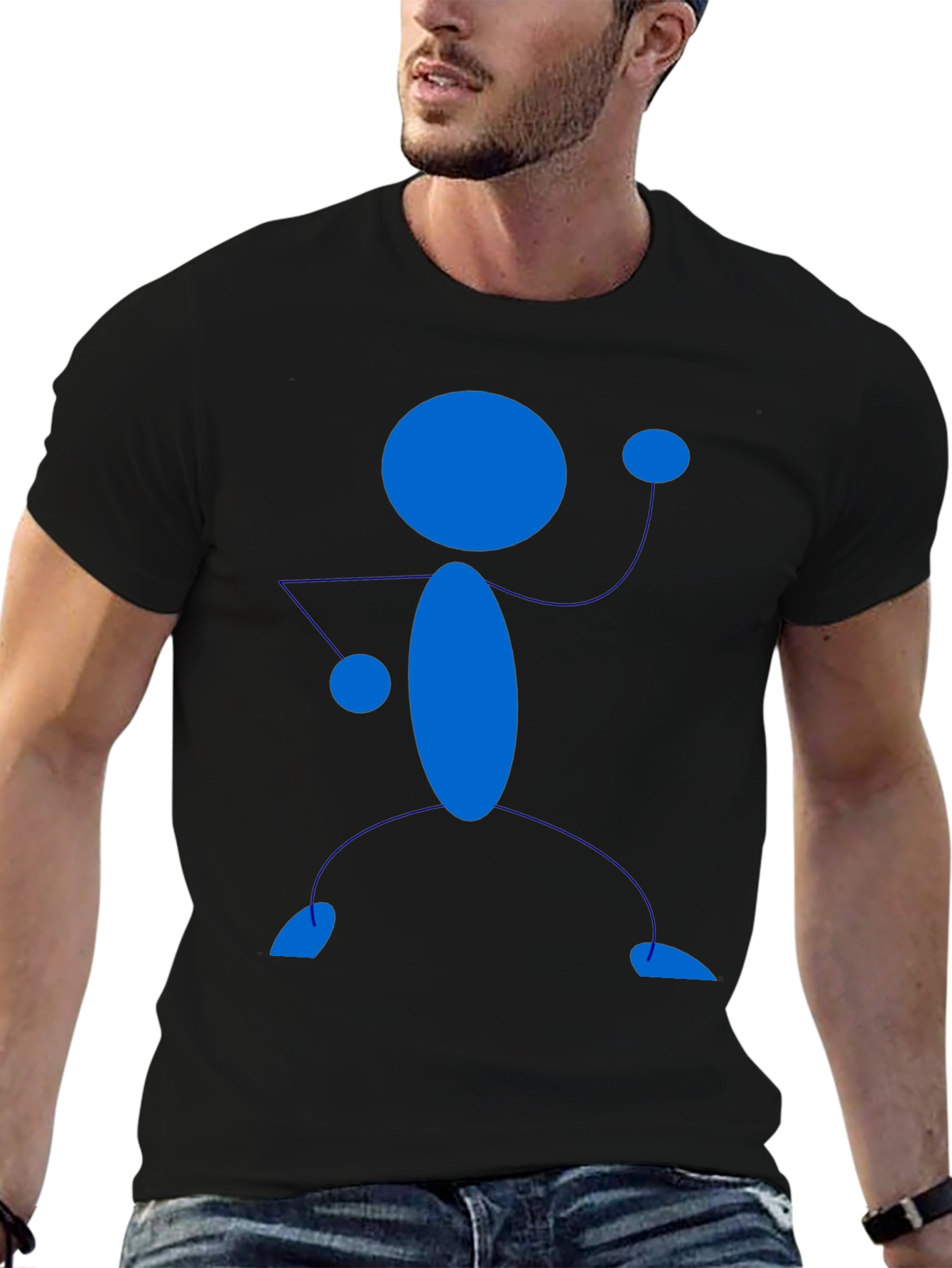 Black T-Shirt with Blue Stick Figure Design