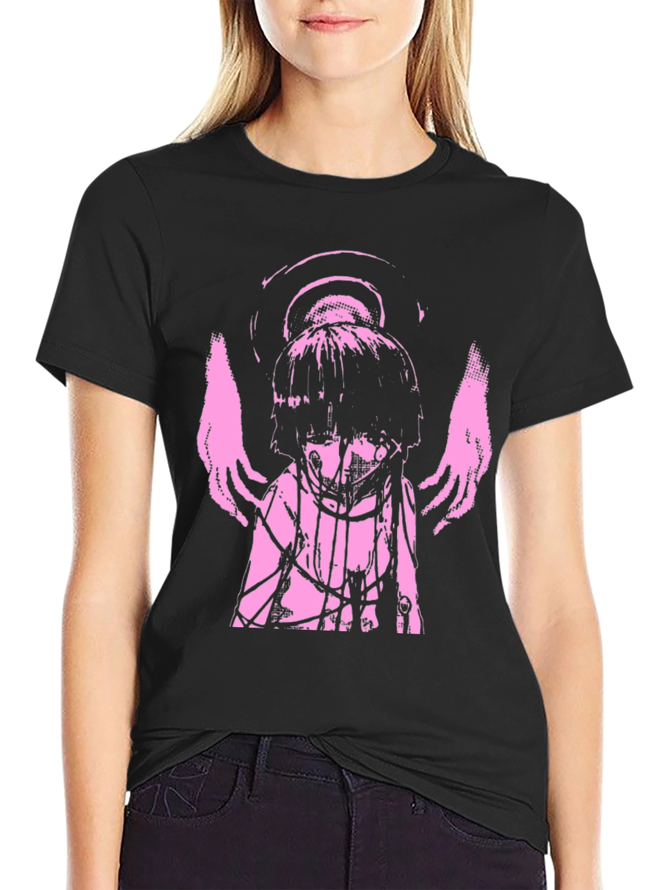 Angelic Anime Graphic Tee - Black