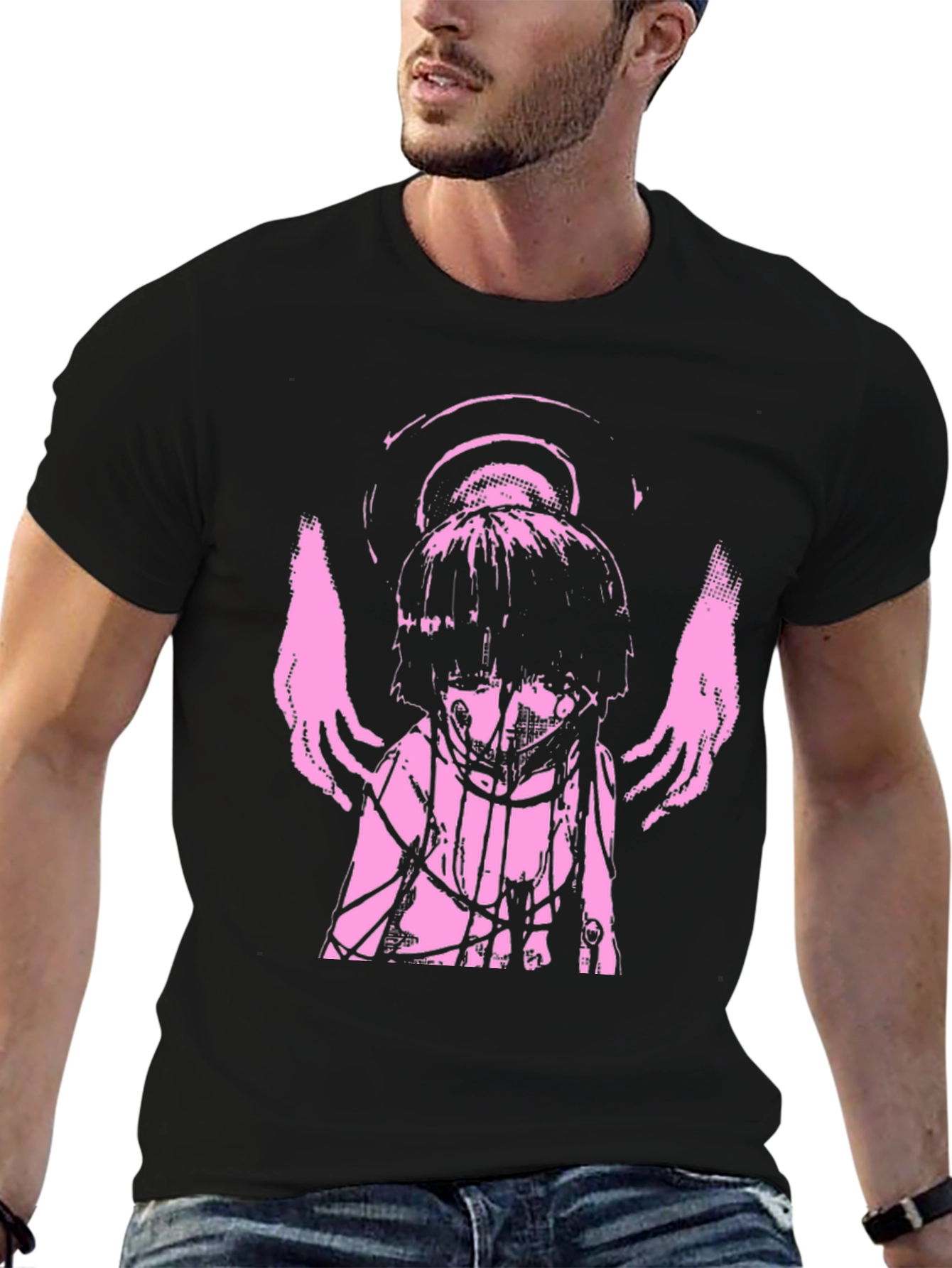 Angelic Anime Graphic Tee - Black