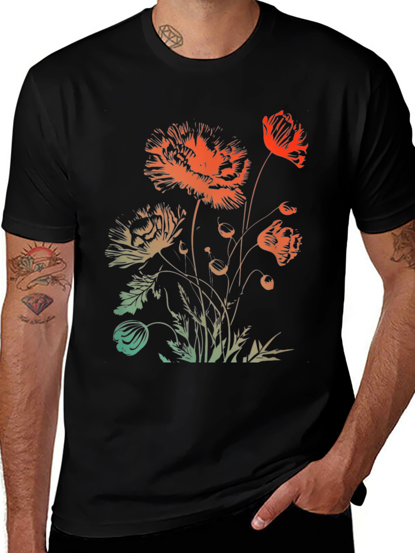 Floral Graphic Print Black Crewneck T-Shirt