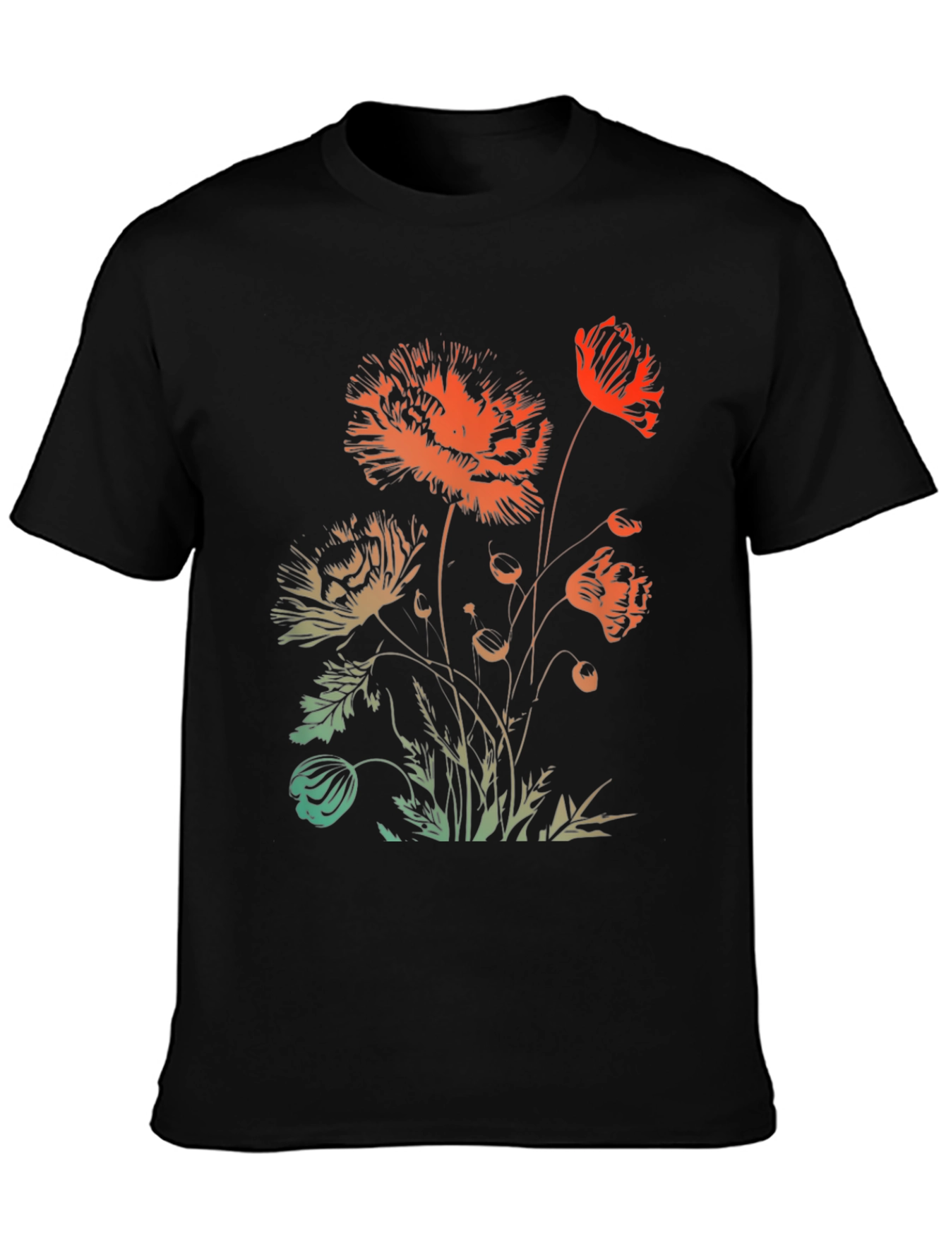 Floral Graphic Print Black Crewneck T-Shirt