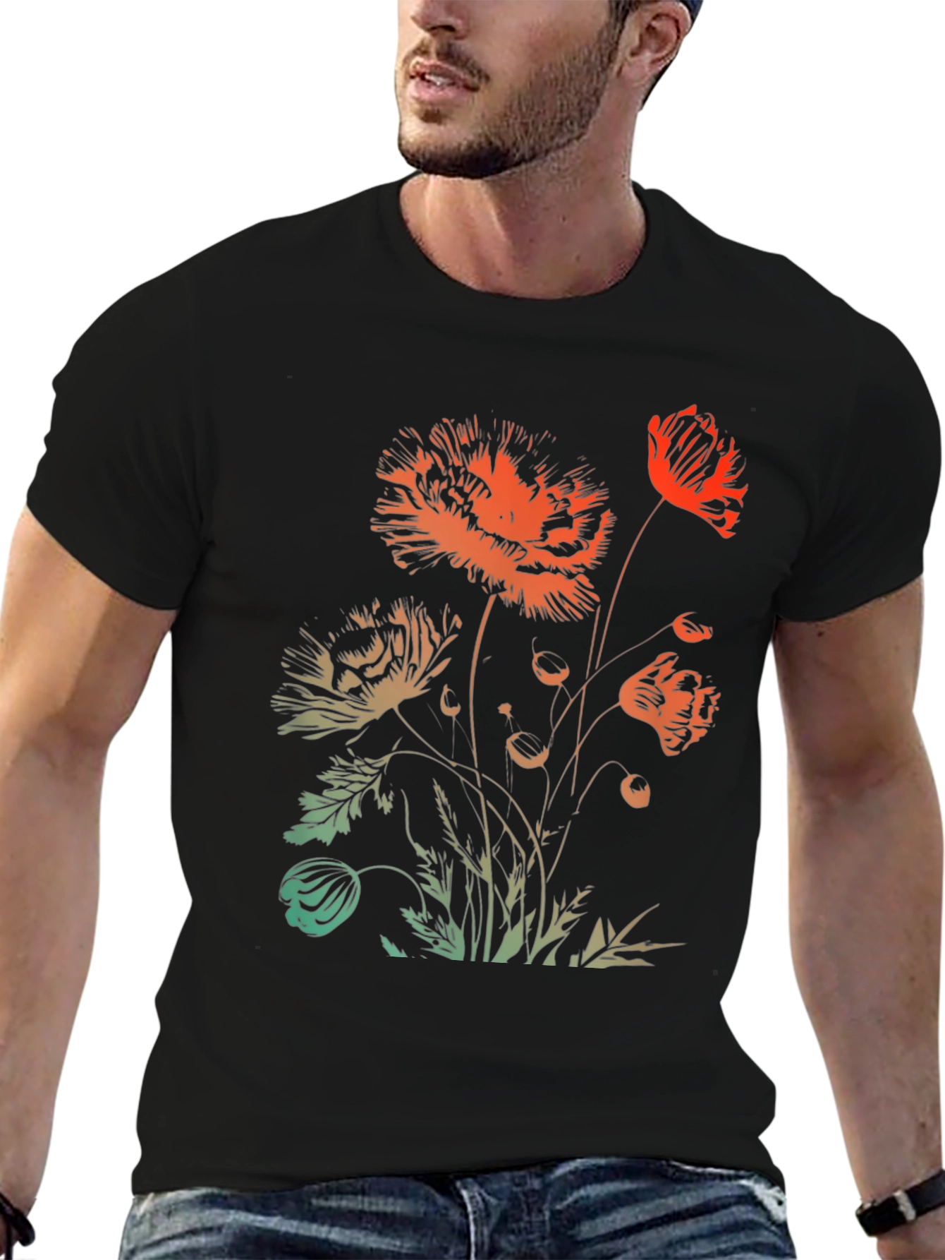 Floral Graphic Print Black Crewneck T-Shirt