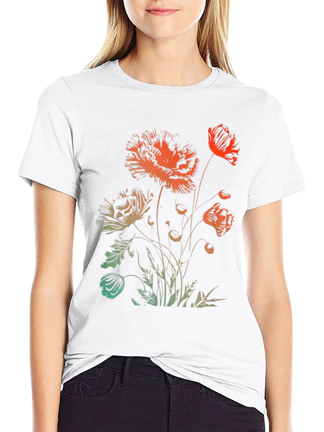 Floral Graphic Print Black Crewneck T-Shirt