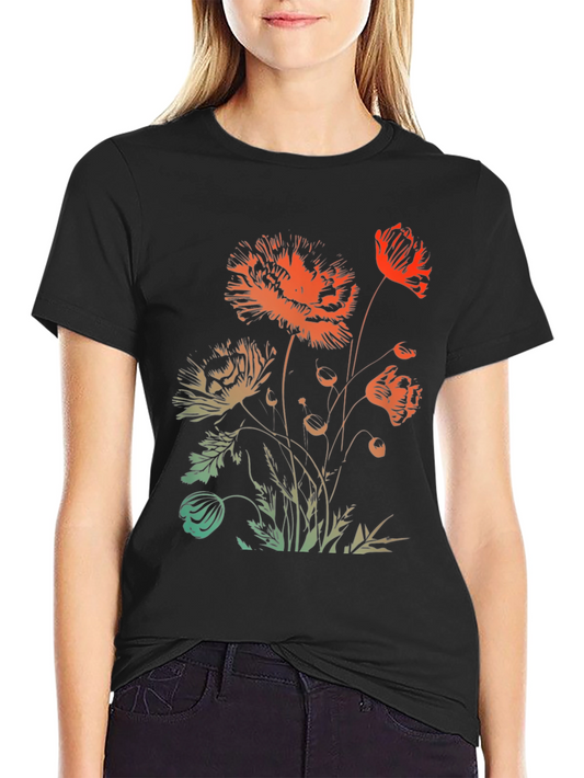 Floral Graphic Print Black Crewneck T-Shirt