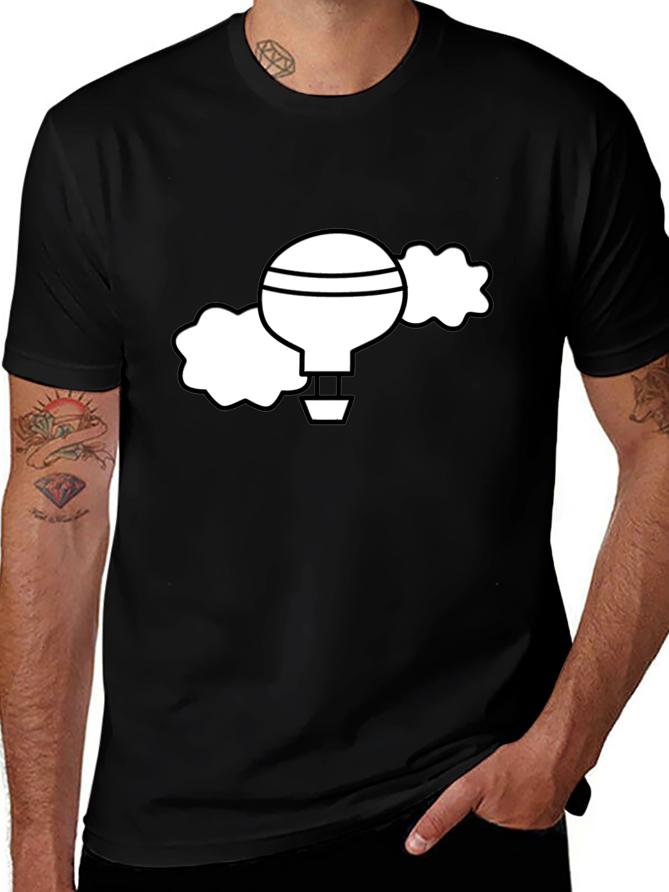 Black T-Shirt with Whimsical Hot Air Balloon Graphic