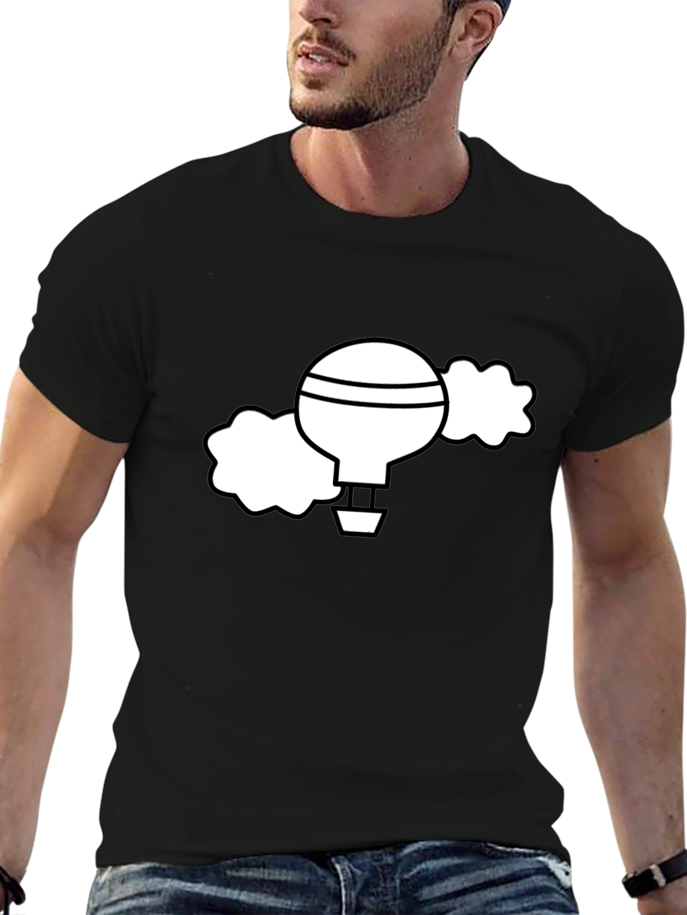 Black T-Shirt with Whimsical Hot Air Balloon Graphic