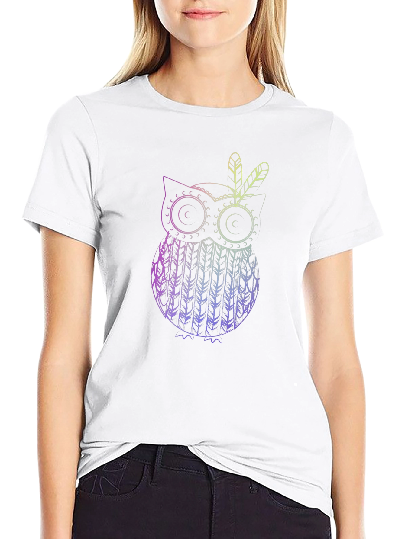 Owl Feather Graphic Black T-Shirt