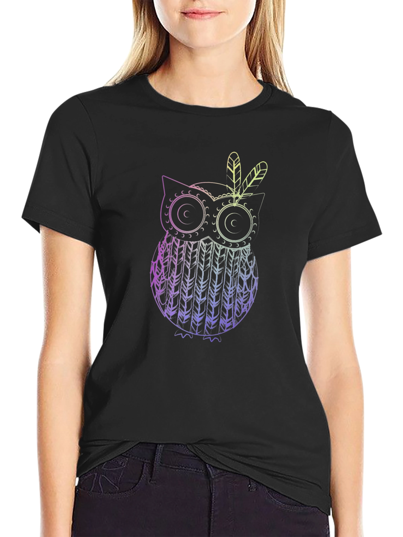 Owl Feather Graphic Black T-Shirt