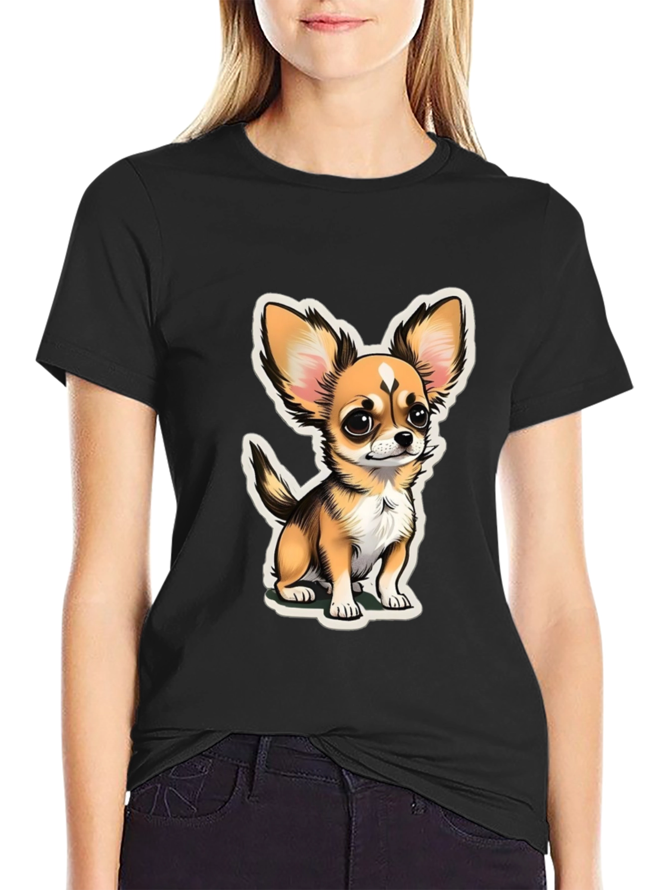 Cartoon Chihuahua Graphic Tee - Black