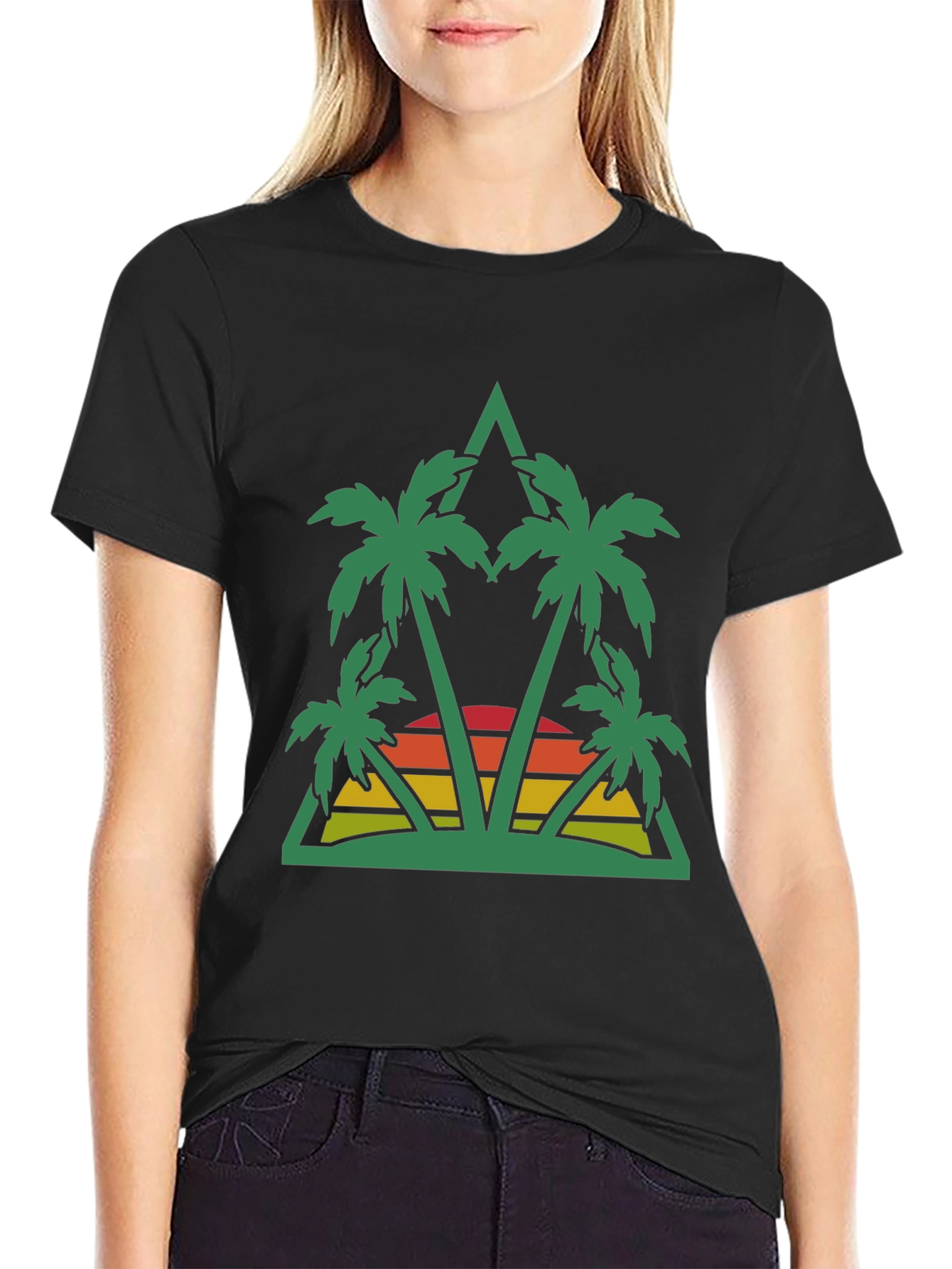 Tropical Palm Sunset Graphic Tee - Black