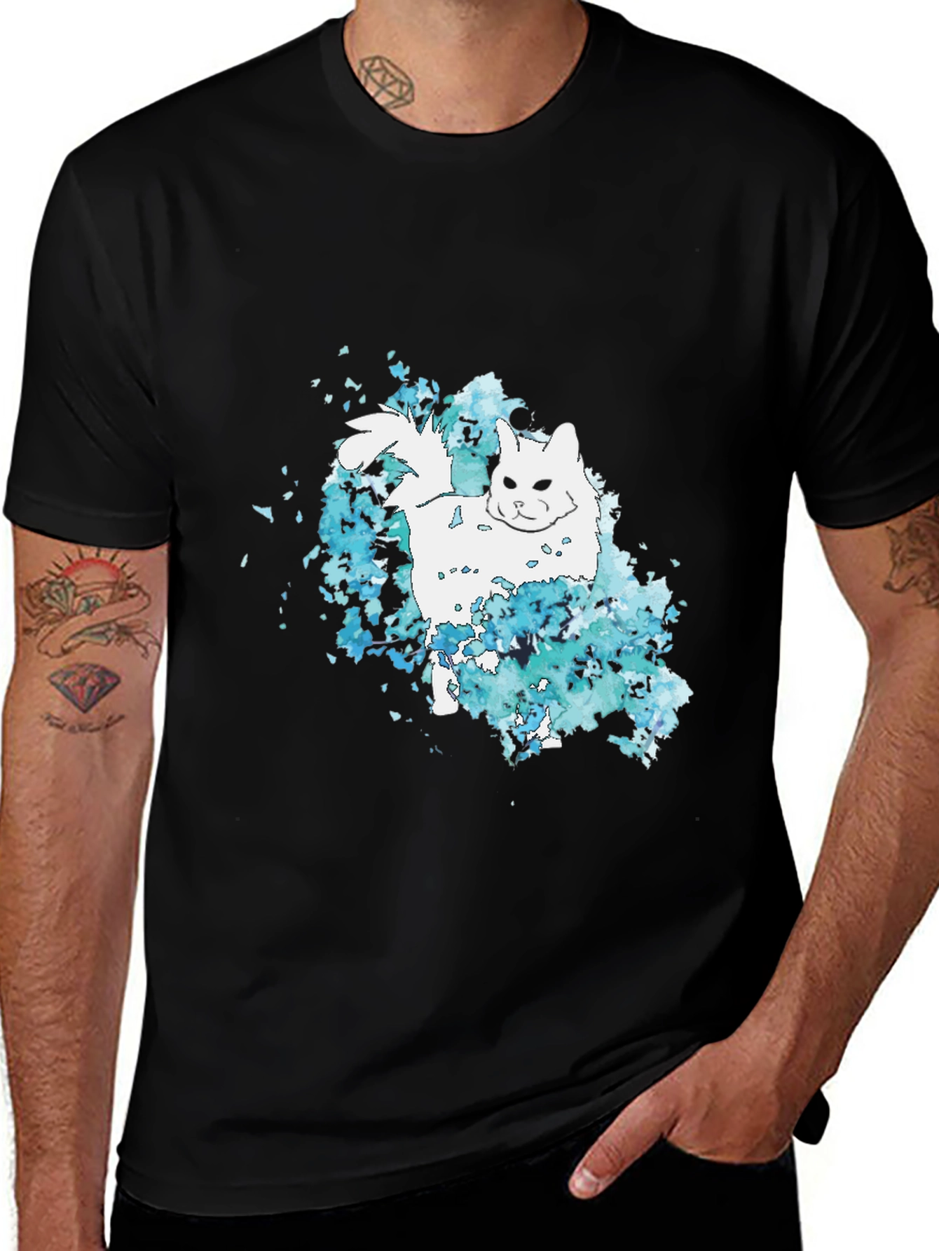 Cat Watercolor Black T-Shirt