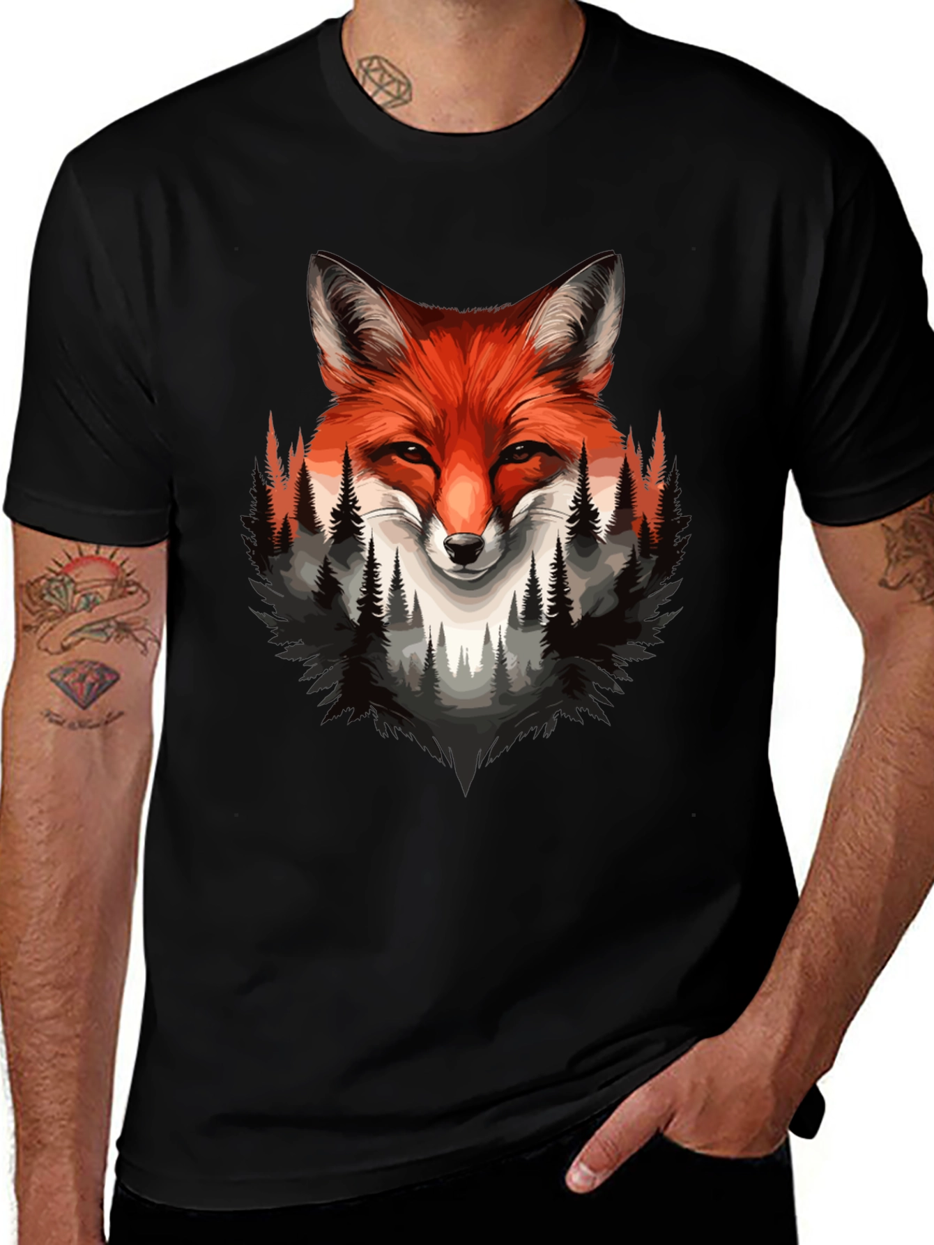 Fox & Forest Graphic Print Mens Black T-Shirt