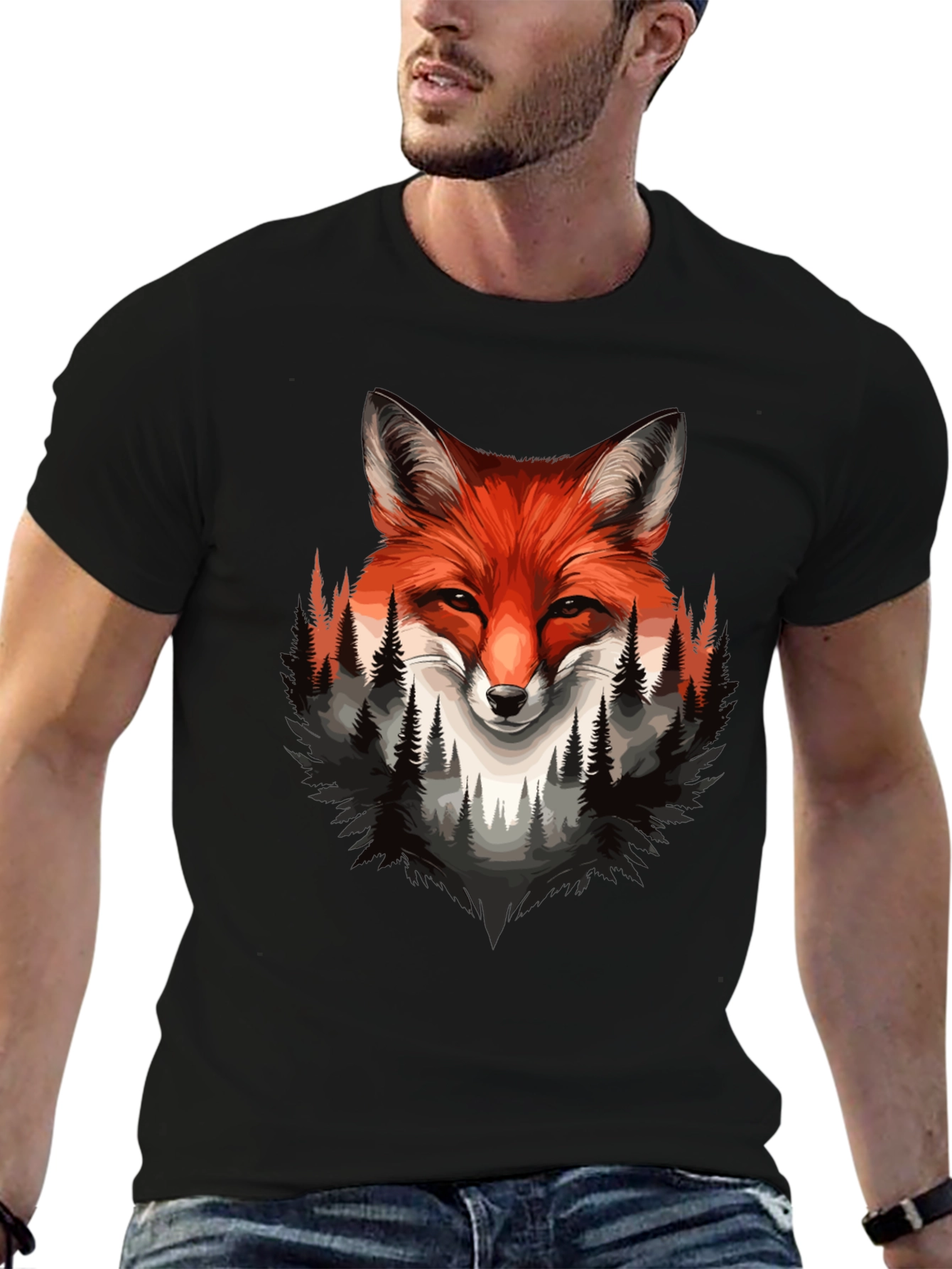 Fox & Forest Graphic Print Mens Black T-Shirt