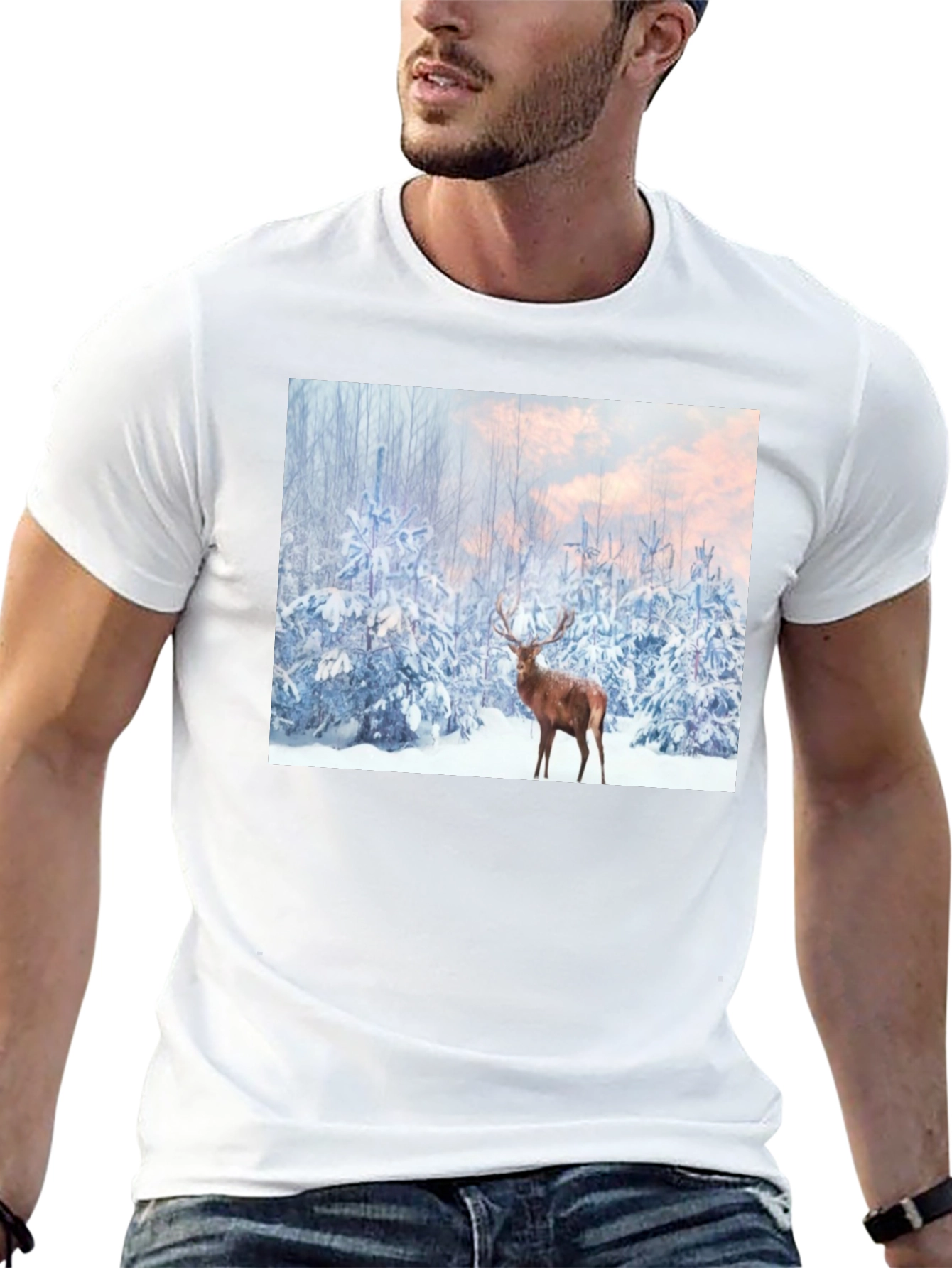Winter Deer Scene Black T-Shirt